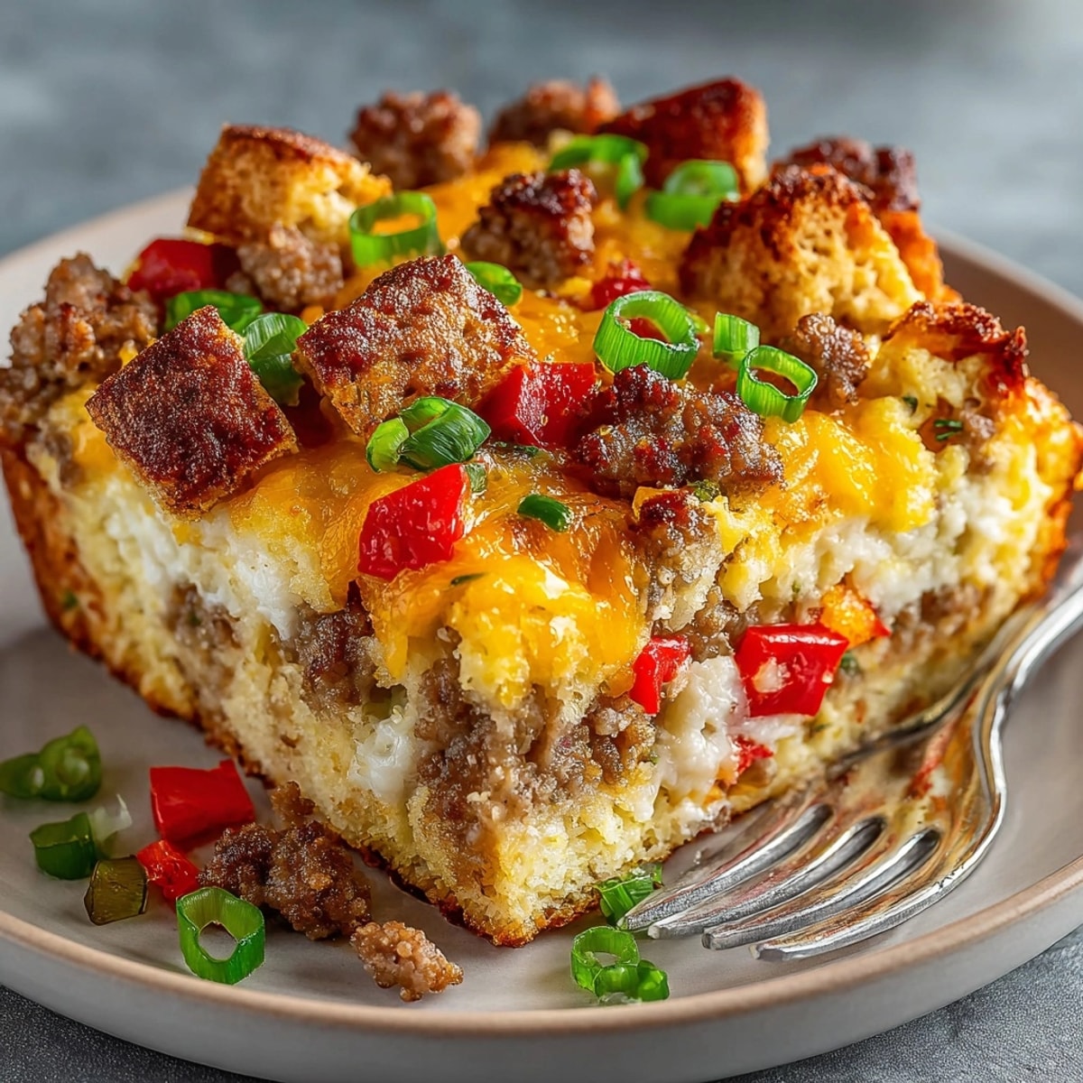 A slice of Prairie Style Sausage and Biscuit Breakfast Bake served warm, showcasing fluffy biscuits and savory sausage.
