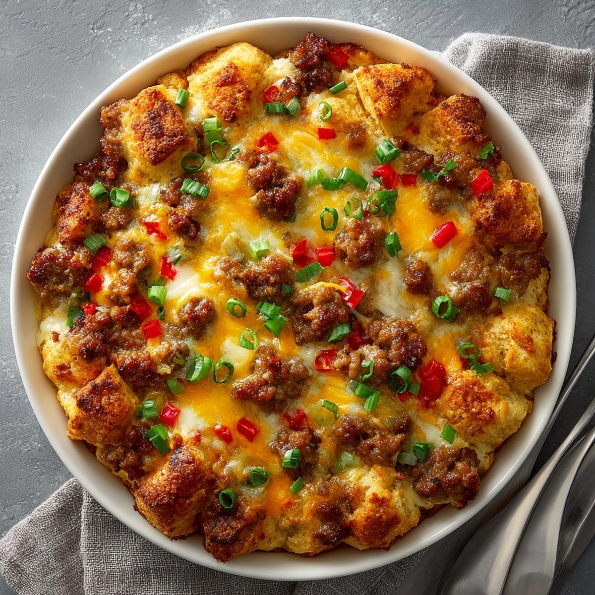 Hearty Prairie Style Sausage and Biscuit Breakfast Bake garnished with green onions, perfect for a cozy morning brunch.