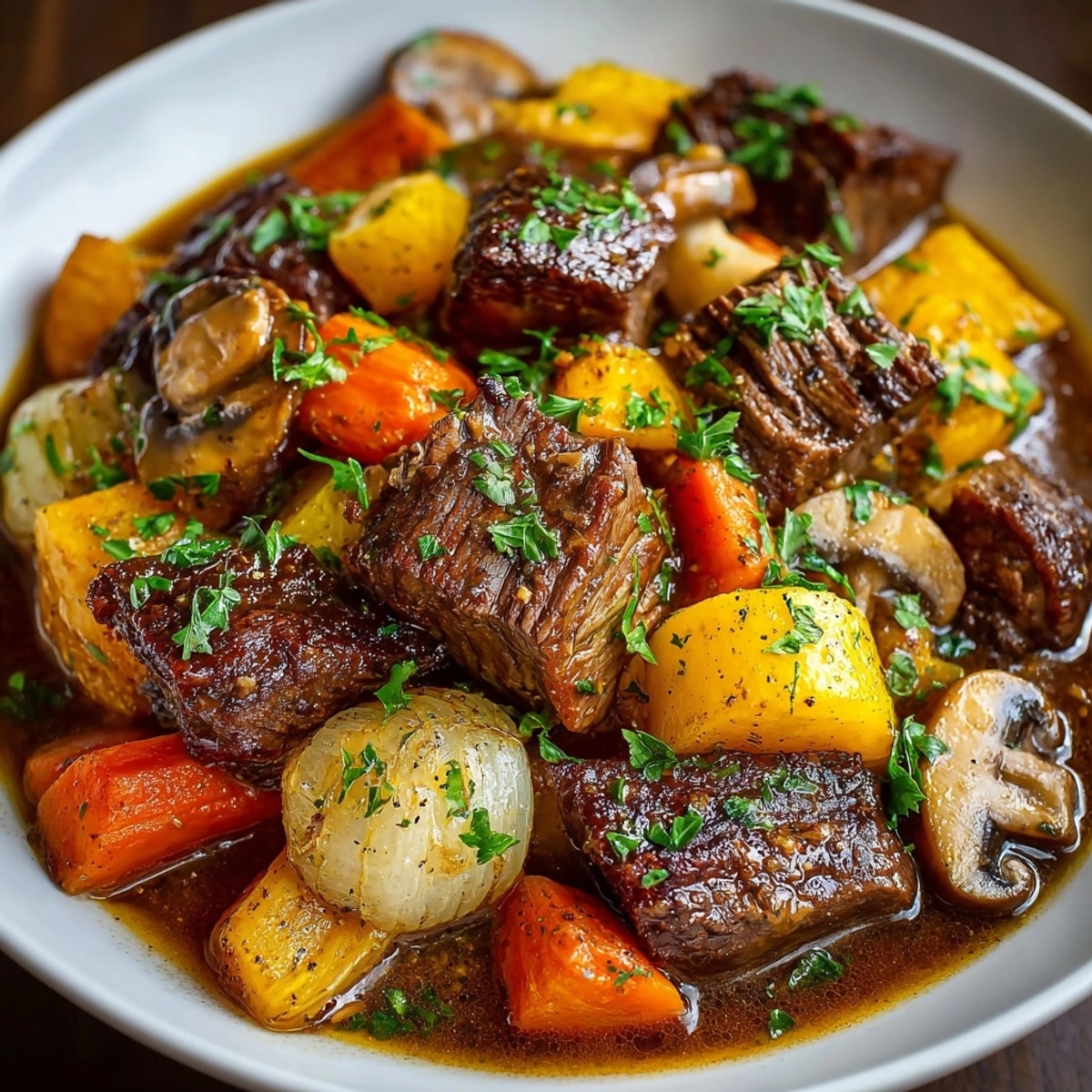 Hearty Crockpot Beef Stew with Fall Vegetables served hot in a rustic ceramic bowl, steam rising boldly.