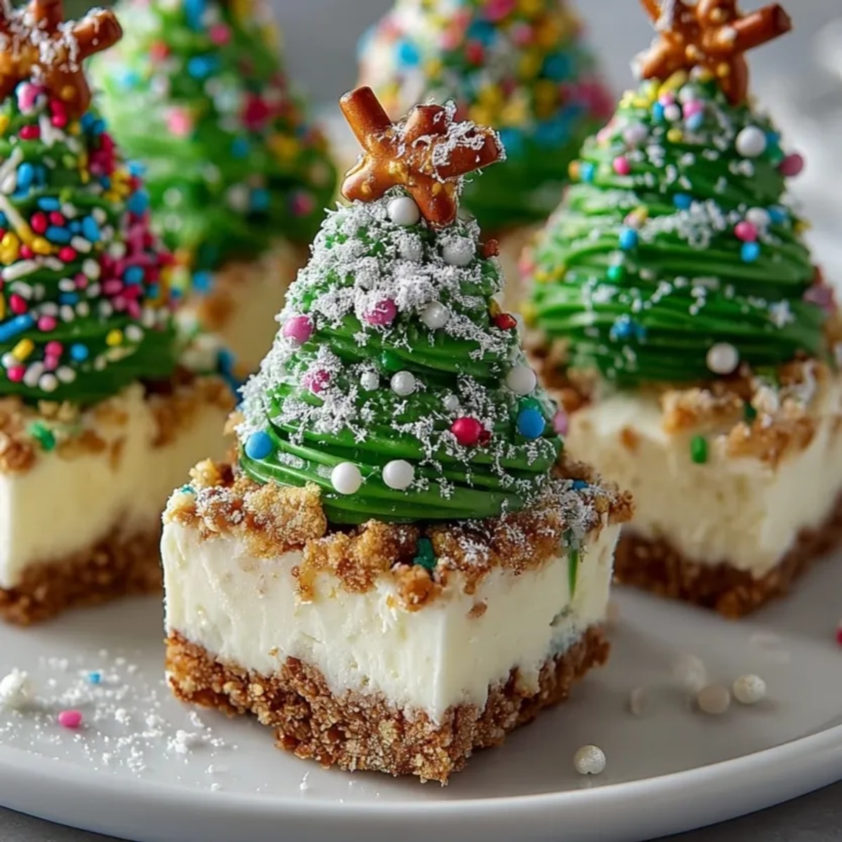 Little Tree Cheesecake Bites beautifully decorated with green chocolate and sparkly sprinkles for a cookie platter.