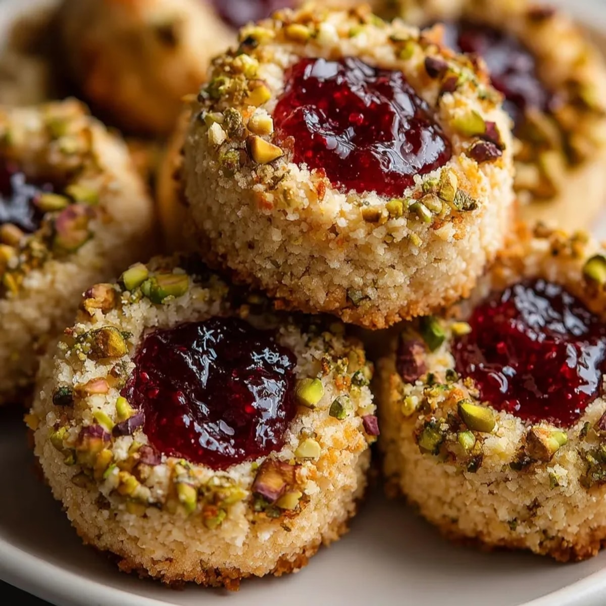 Warm, golden Pistachio Cranberry Thumbprint Cookies with a glistening red cranberry jam center.