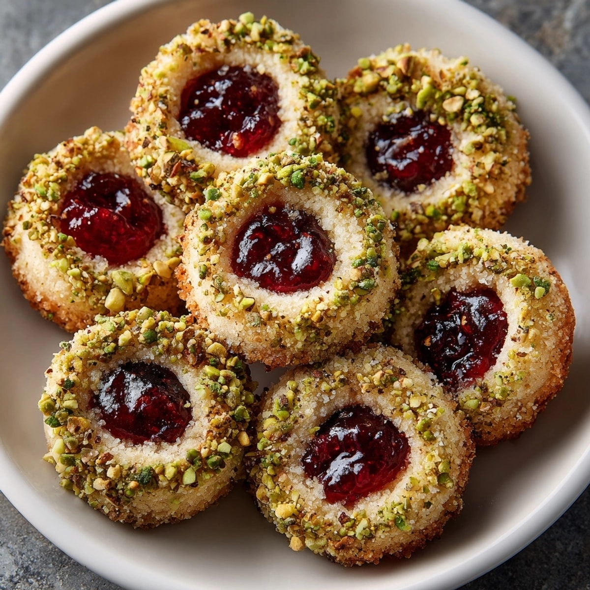 Perfectly formed Pistachio Cranberry Thumbprint Cookies, a delightful addition to any cookie platter, ready to serve.