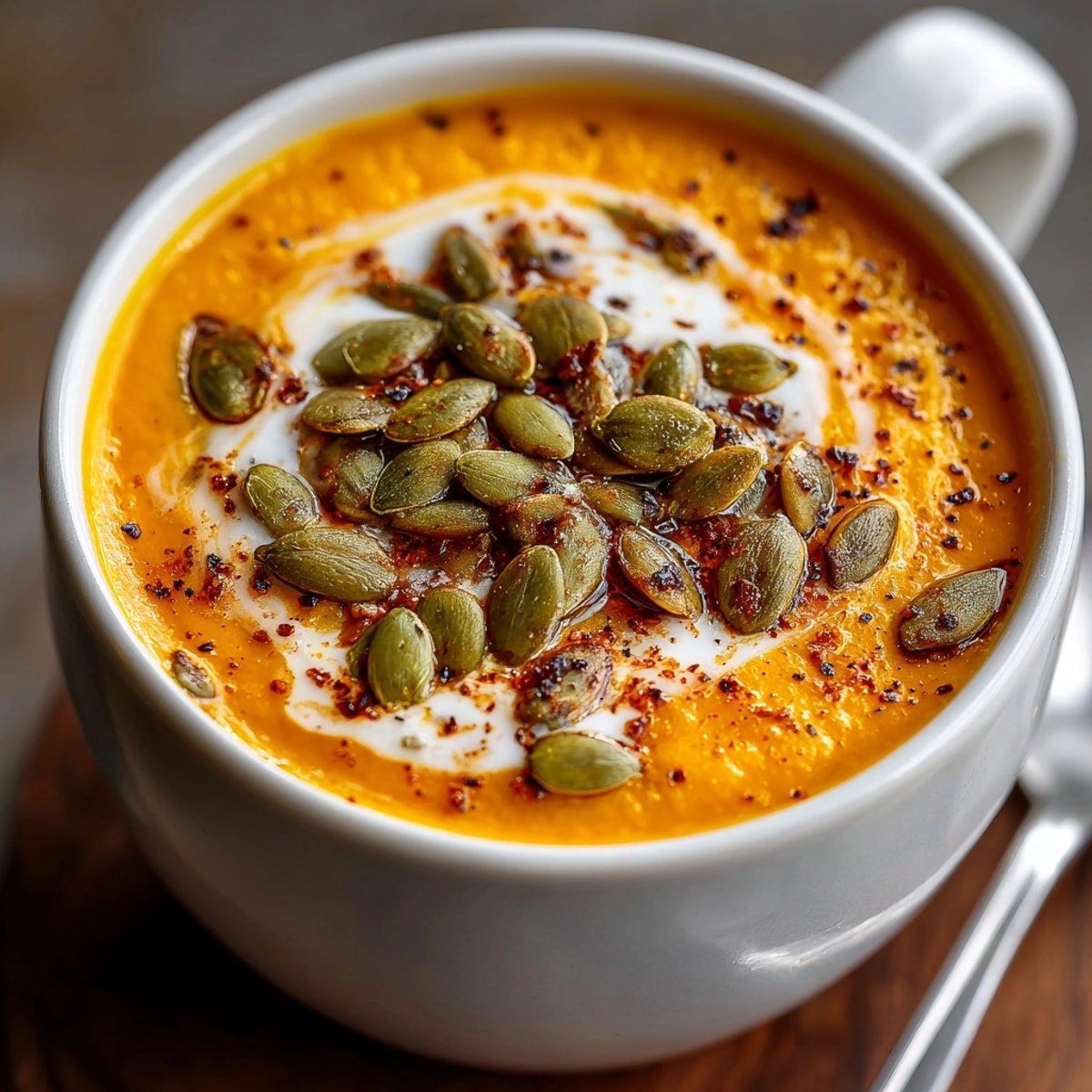 Warm bowl of creamy pumpkin soup topped with toasted pepitas, ready to serve.