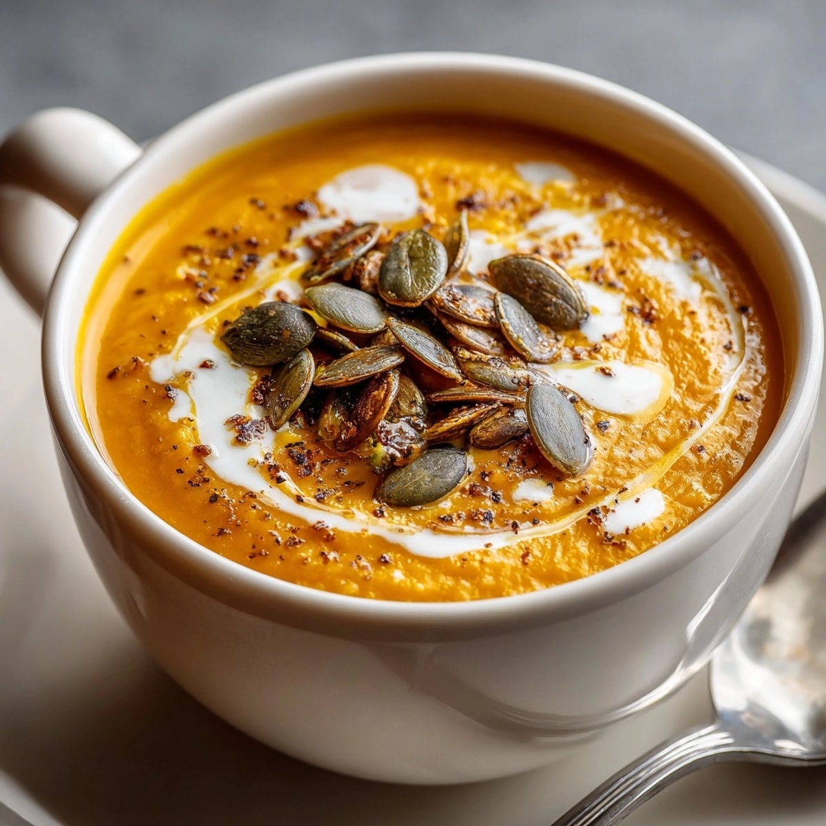 Close-up view of golden creamy pumpkin soup, garnished with crunchy toasted pepitas.