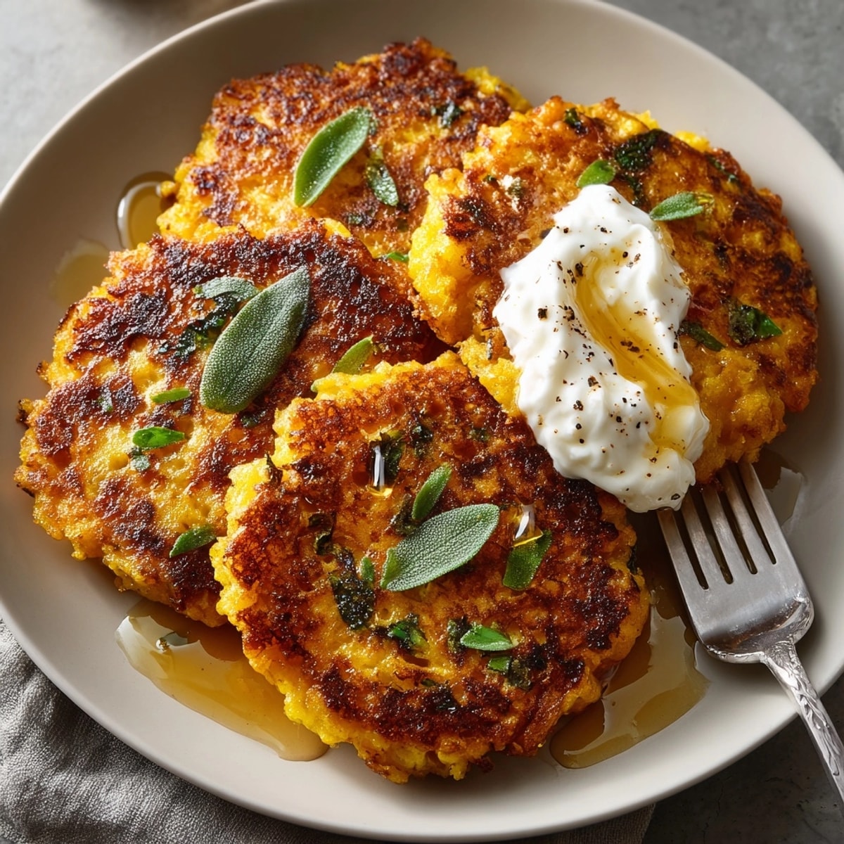 Golden-brown Sage-Honey Pumpkin Fritters served with a cool yogurt dip for dipping and enjoyment.