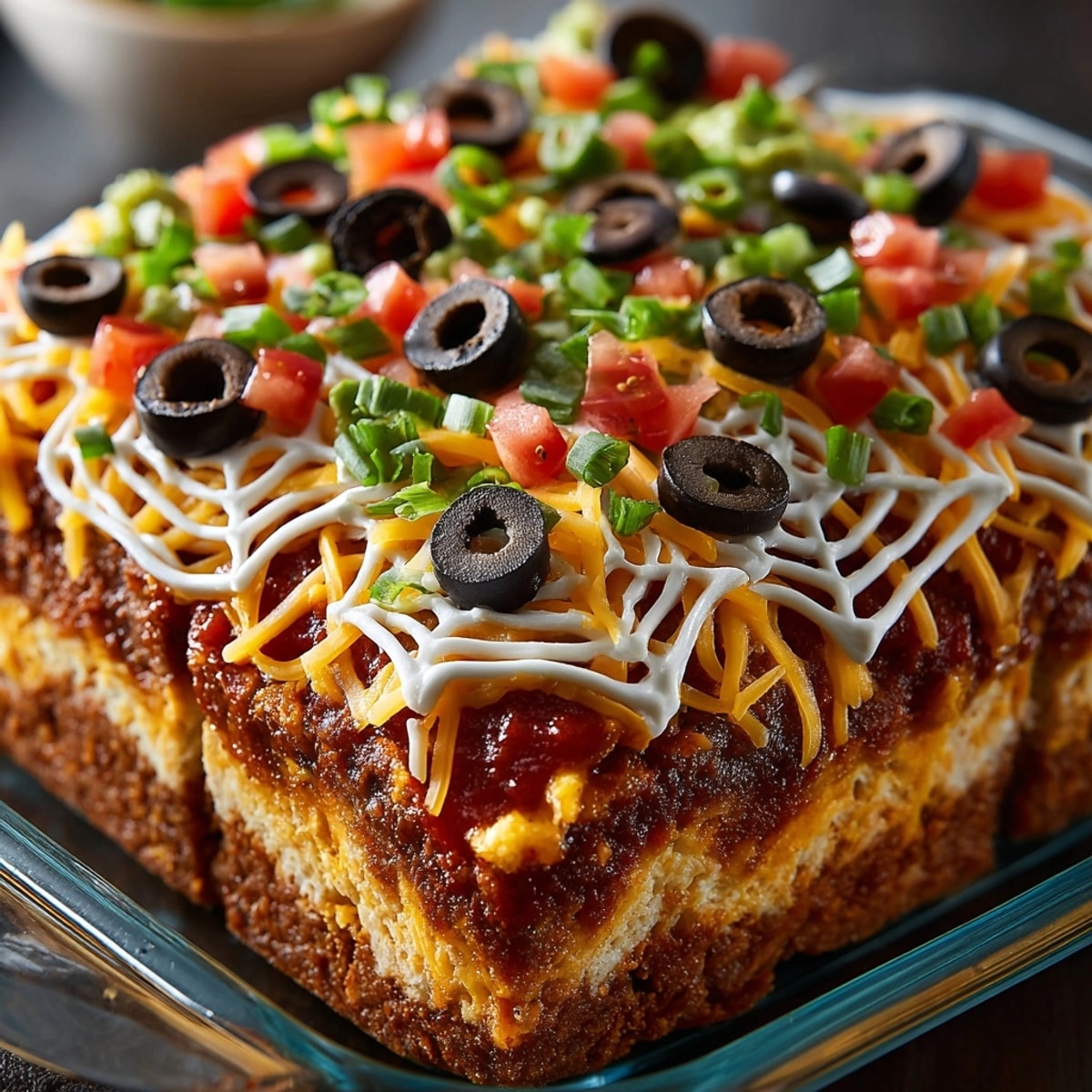 Seven-layer dip with a spooky spiderweb topping and olive bats, perfect for Halloween.