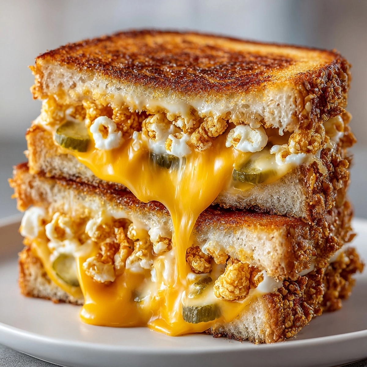 Golden, crispy Pickle Popcorn Grilled Cheese sandwich, oozing cheese with dill pickle slices.