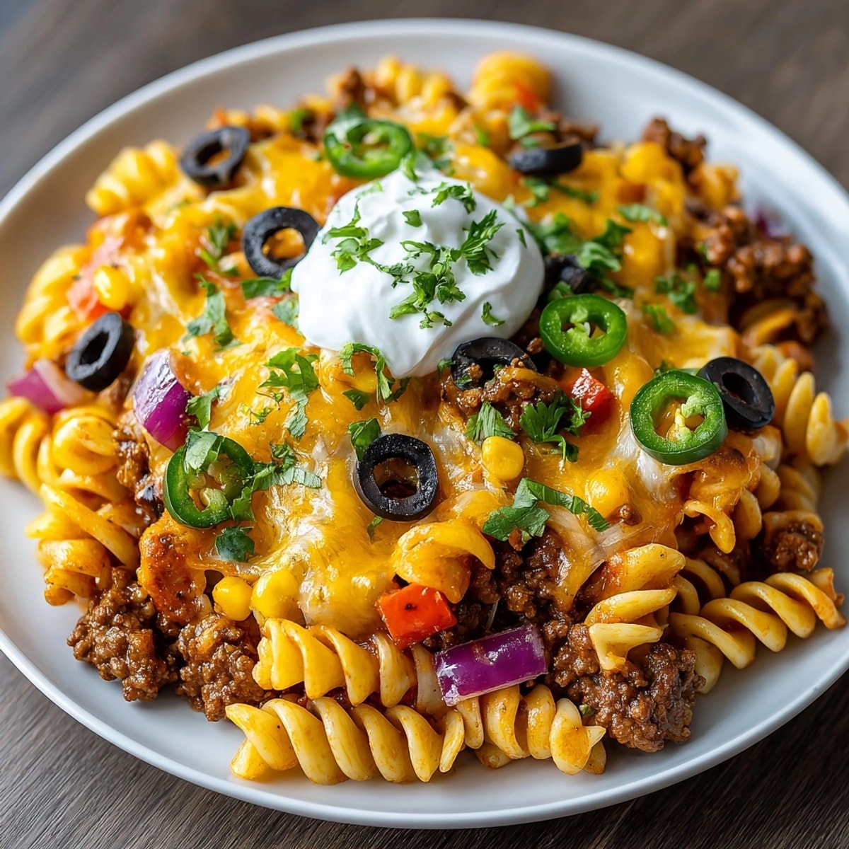 A steaming bowl of Halloween Taco Pasta with melted cheddar, perfect for a spooky meal.