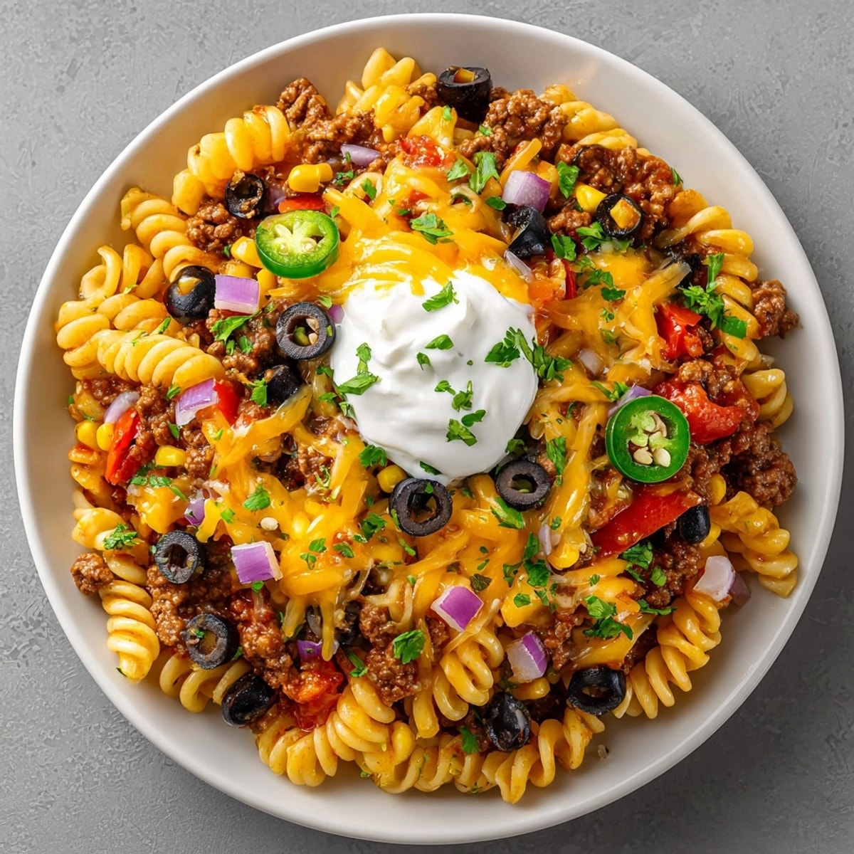 Enjoy a comforting plate of Halloween Taco Pasta, featuring festive pasta shapes and cheesy goodness.