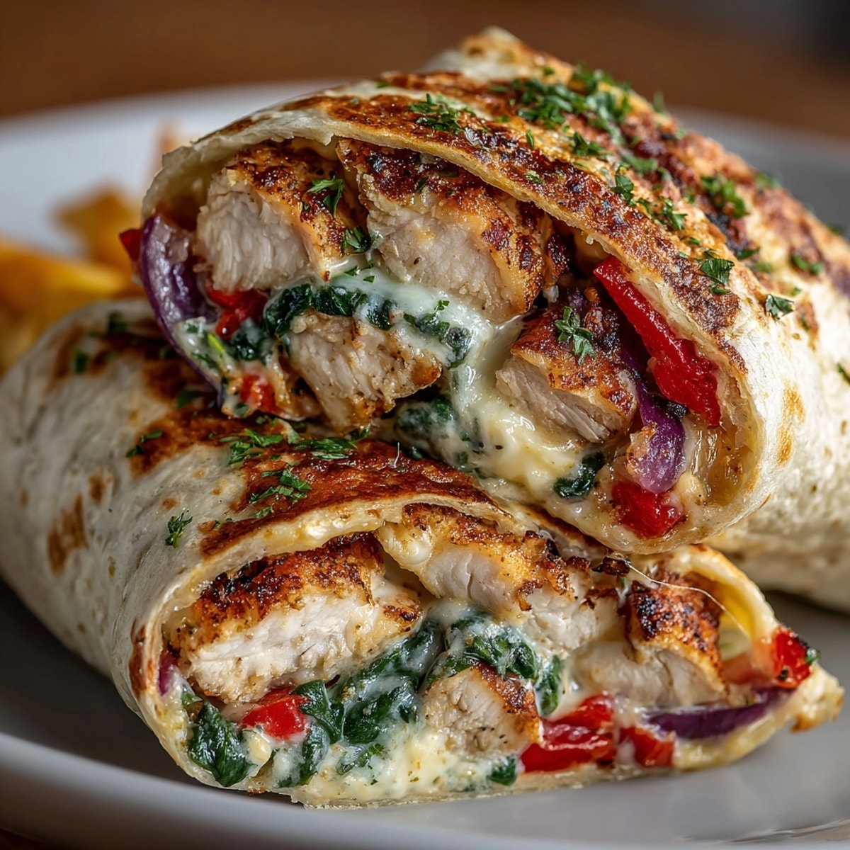 Golden-brown Comfort Food Chicken Alfredo Wraps, filled with creamy sauce and grilled chicken.