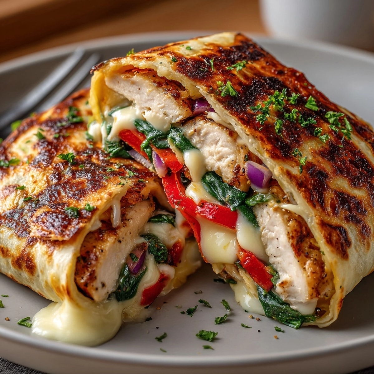 A close-up of savory Comfort Food Chicken Alfredo Wraps, ready to eat, with fresh parsley garnish.