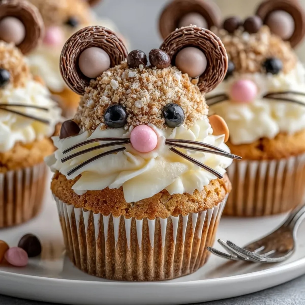 Adorable silly pumpkin spice "Rat Cake" cupcakes, frosted and decorated with tiny chocolate eyes and licorice whiskers.