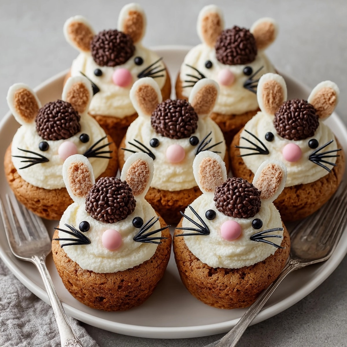 Freshly baked, moist pumpkin spice "Rat Cake" cupcakes, a fun dessert topped with frosting and candy rat features.