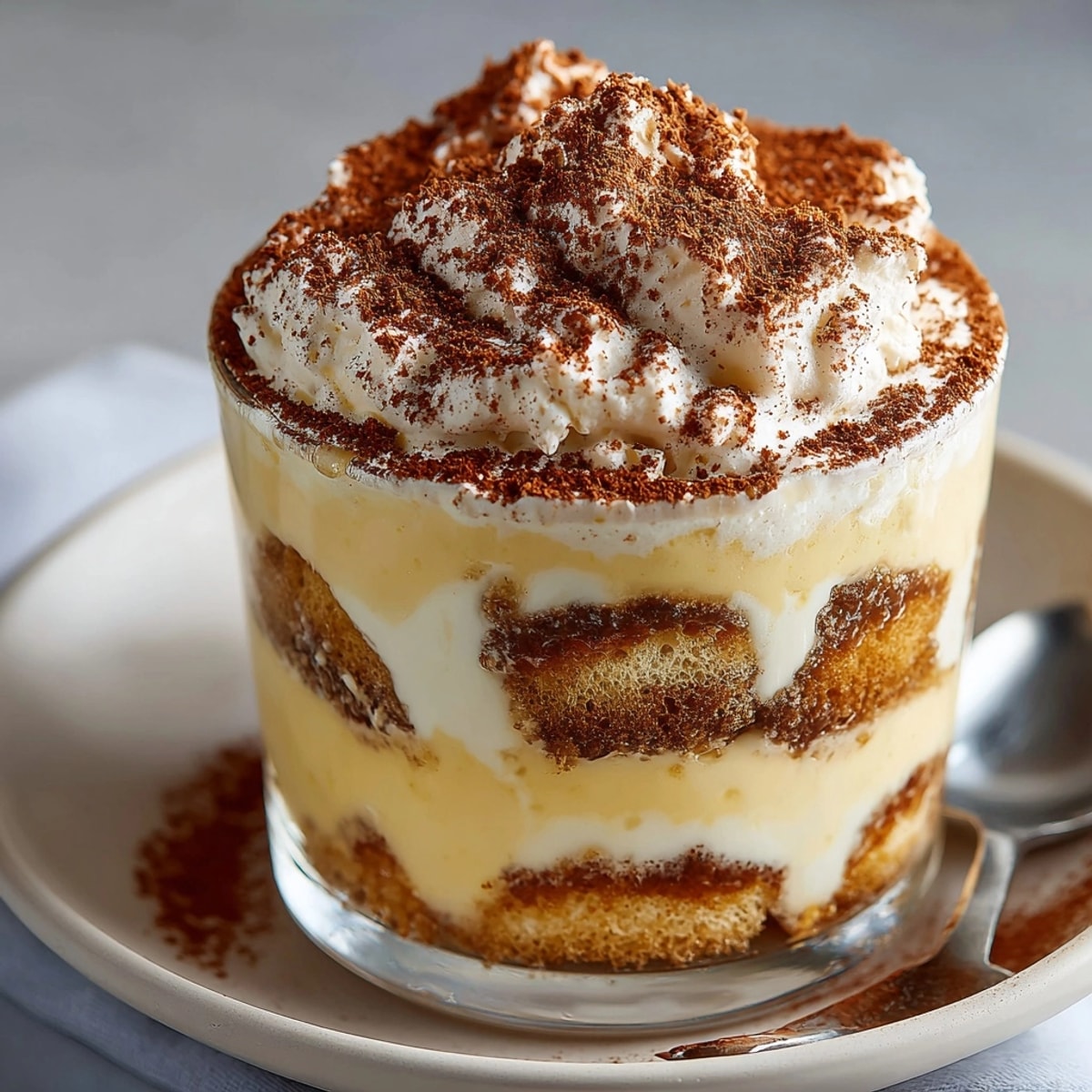 Creamy Eggnog Tiramisu Cups, layered with ladyfingers, dusted with cocoa, perfect for a holiday treat.