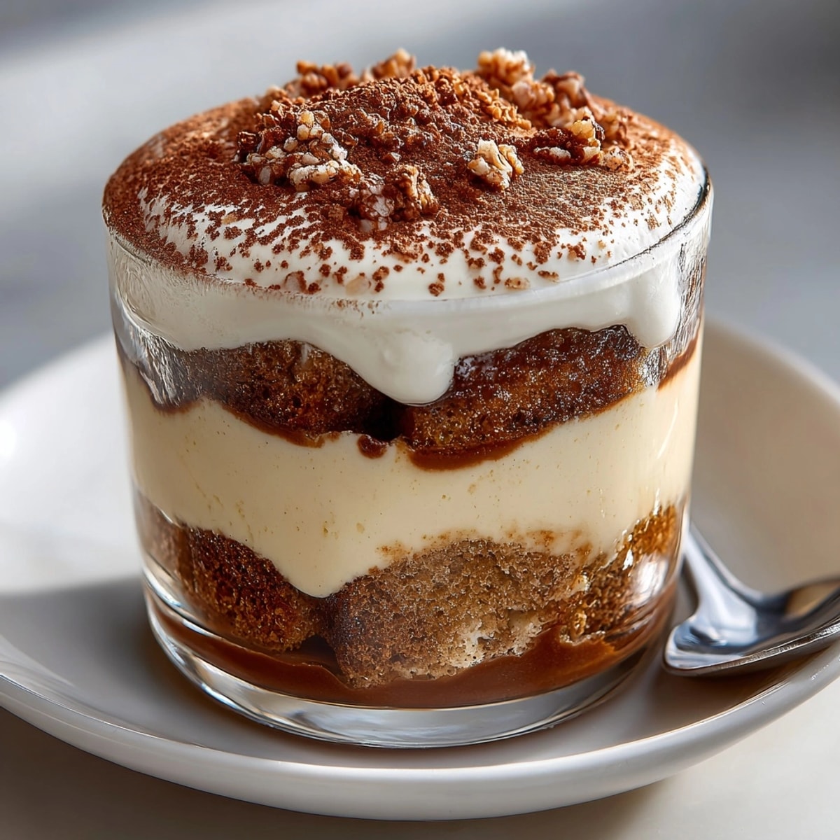 Individual Eggnog Tiramisu Cups, showing the fluffy mascarpone cream and espresso-soaked ladyfingers, delicious!