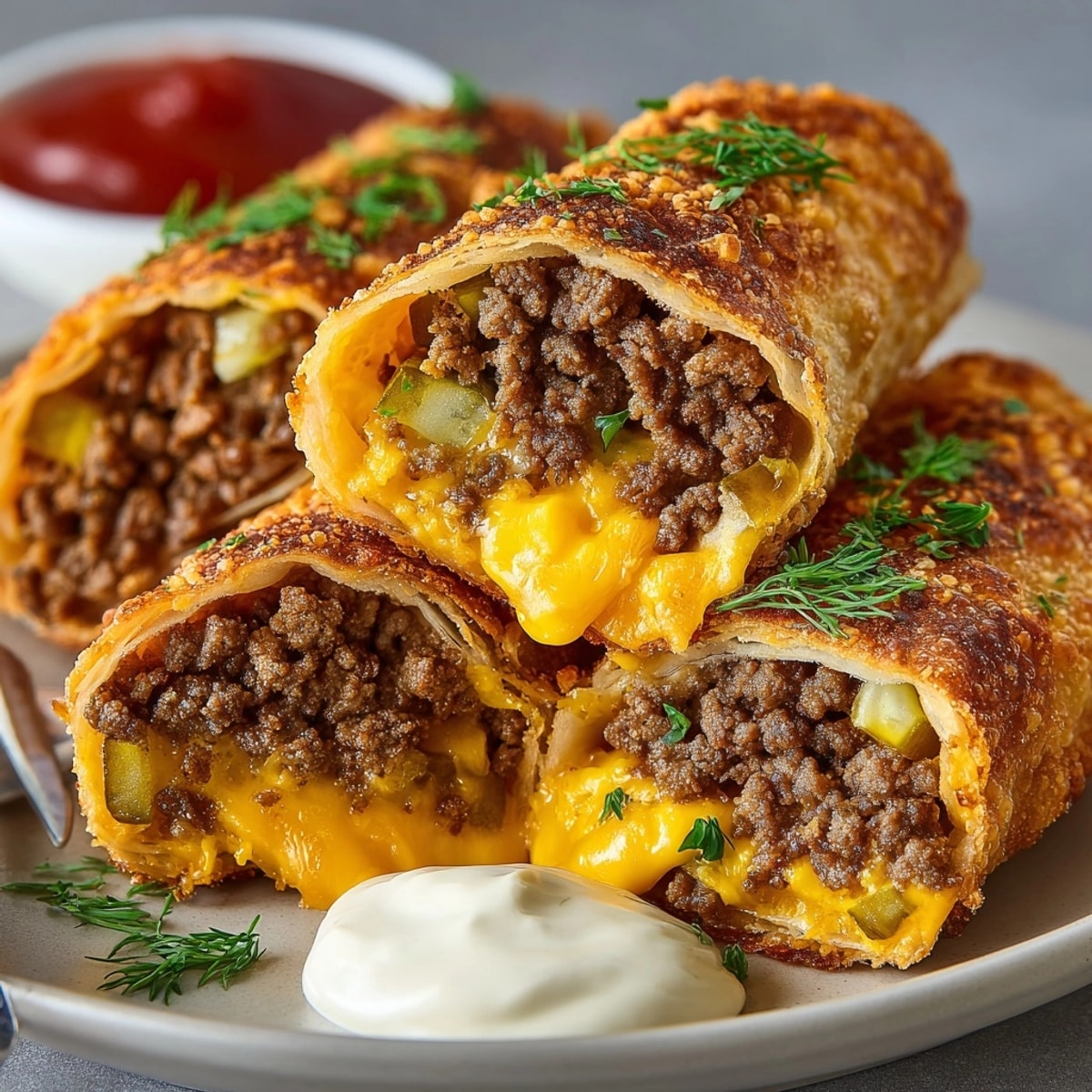 Golden-brown Cheeseburger Spring Rolls, crispy and filled with savory beef and cheese, ready to enjoy.