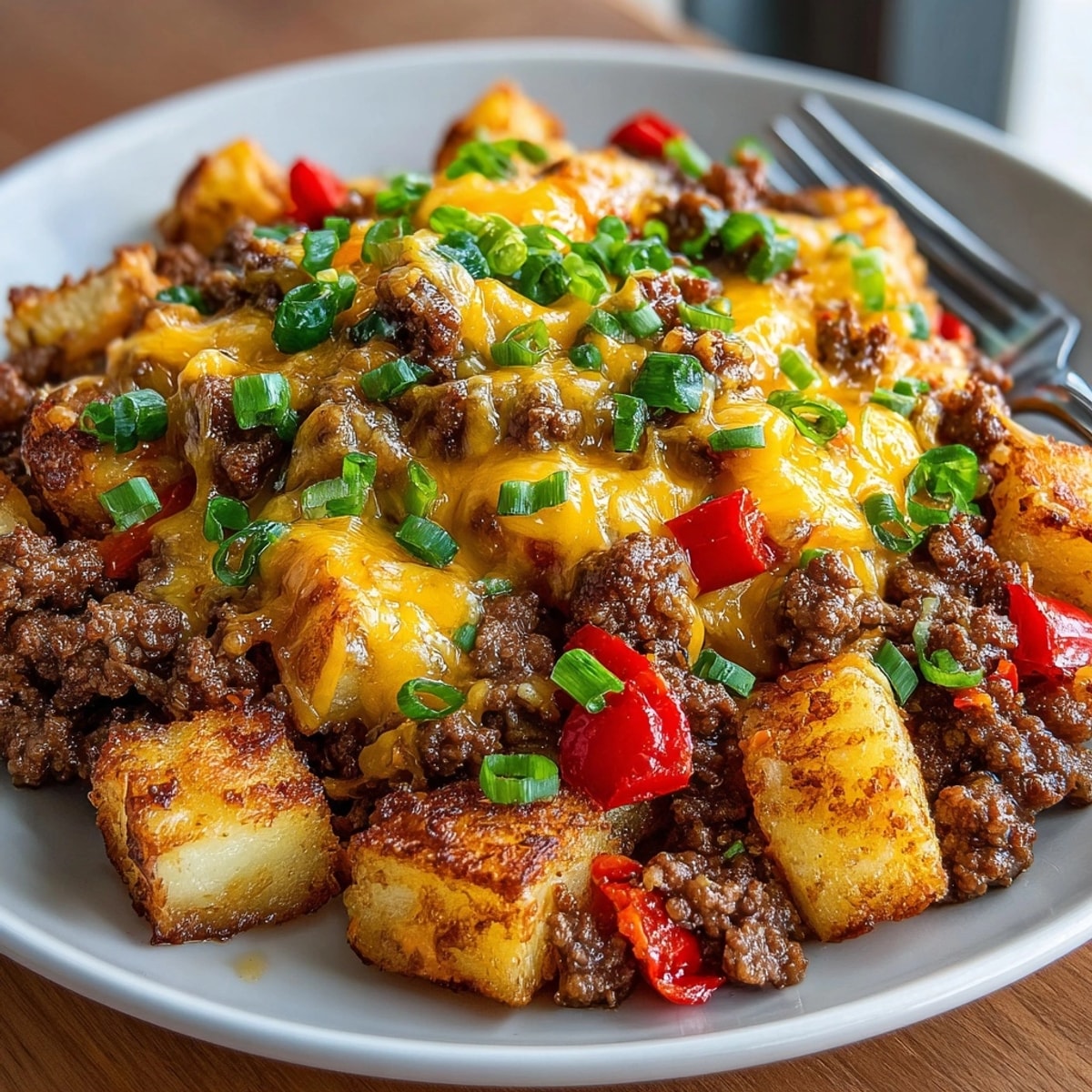 Golden potatoes and ground beef sizzle in this flavorful beef and potato skillet recipe.