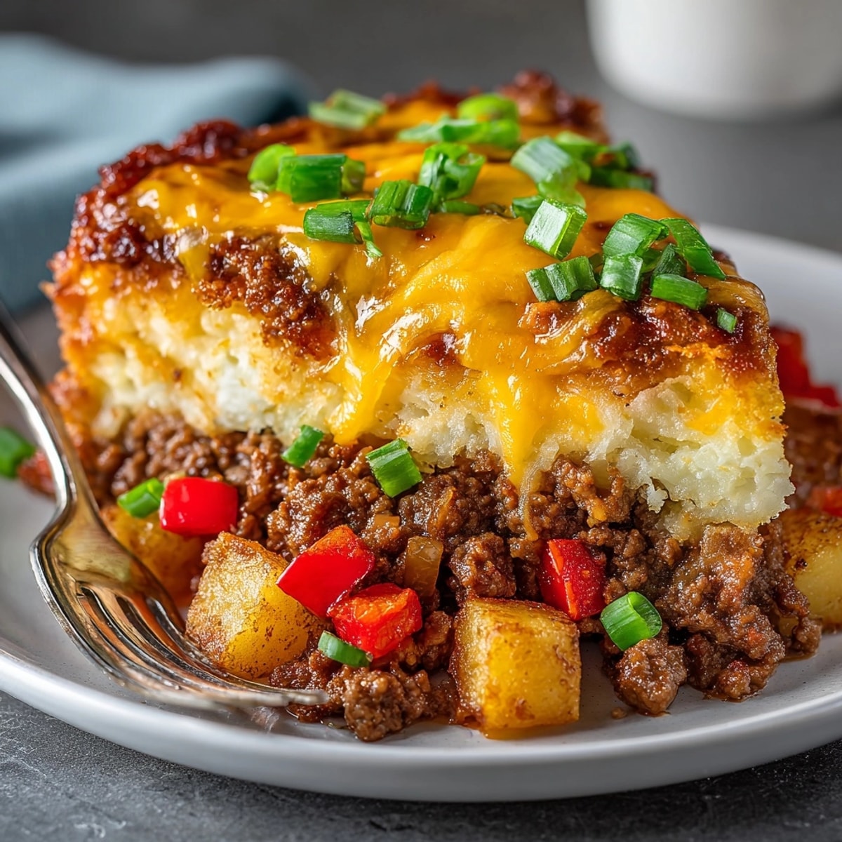 A close-up of a steaming beef and potato skillet, ready to serve with melted cheese.