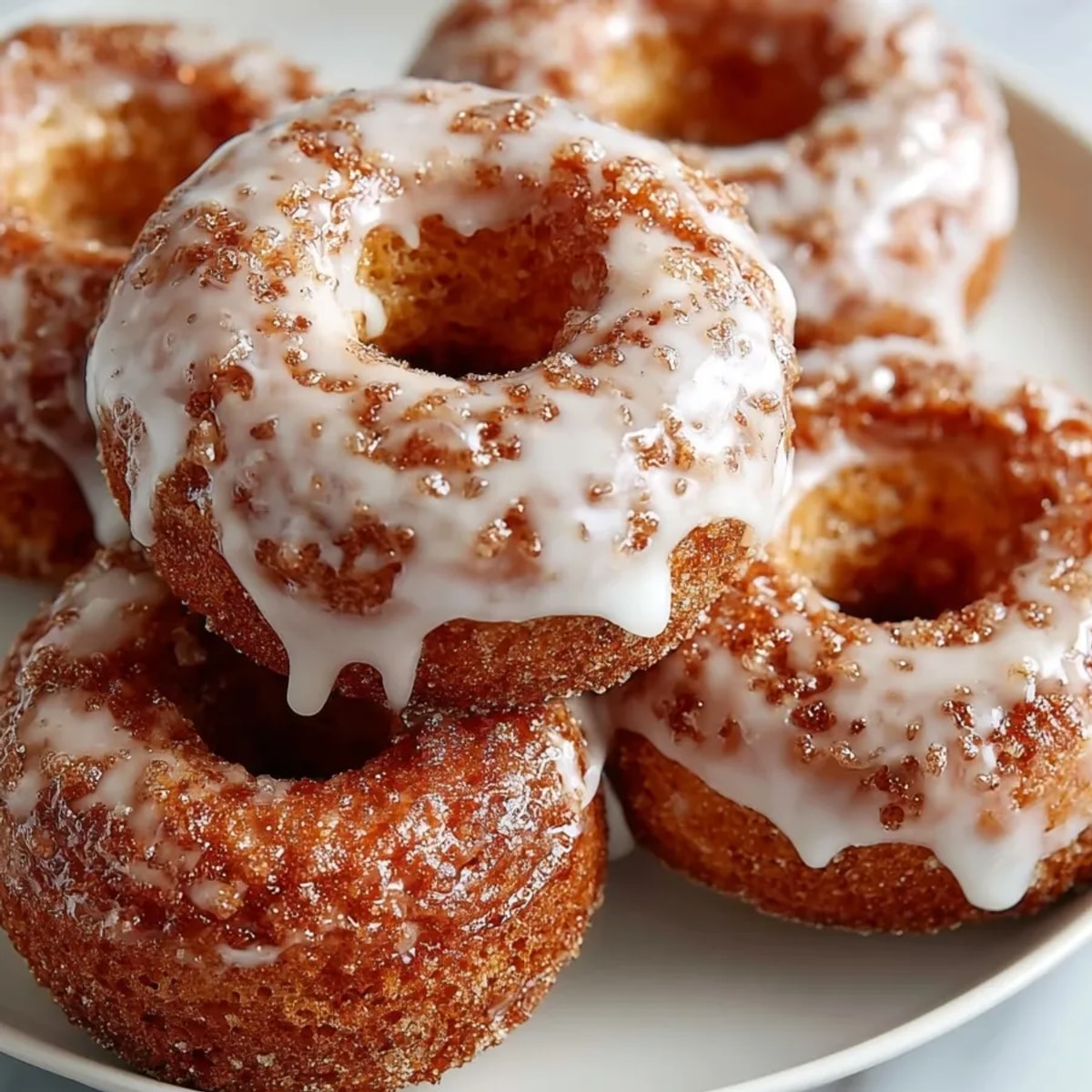 Warm apple cider donuts with glistening vanilla bean glaze, a perfect autumn dessert.