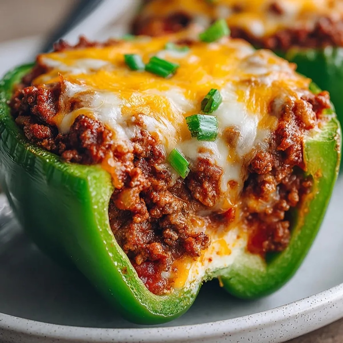 Golden, bubbly Sloppy Joe Stuffed Peppers, a hearty blend of beef and cheese, ready to be served.