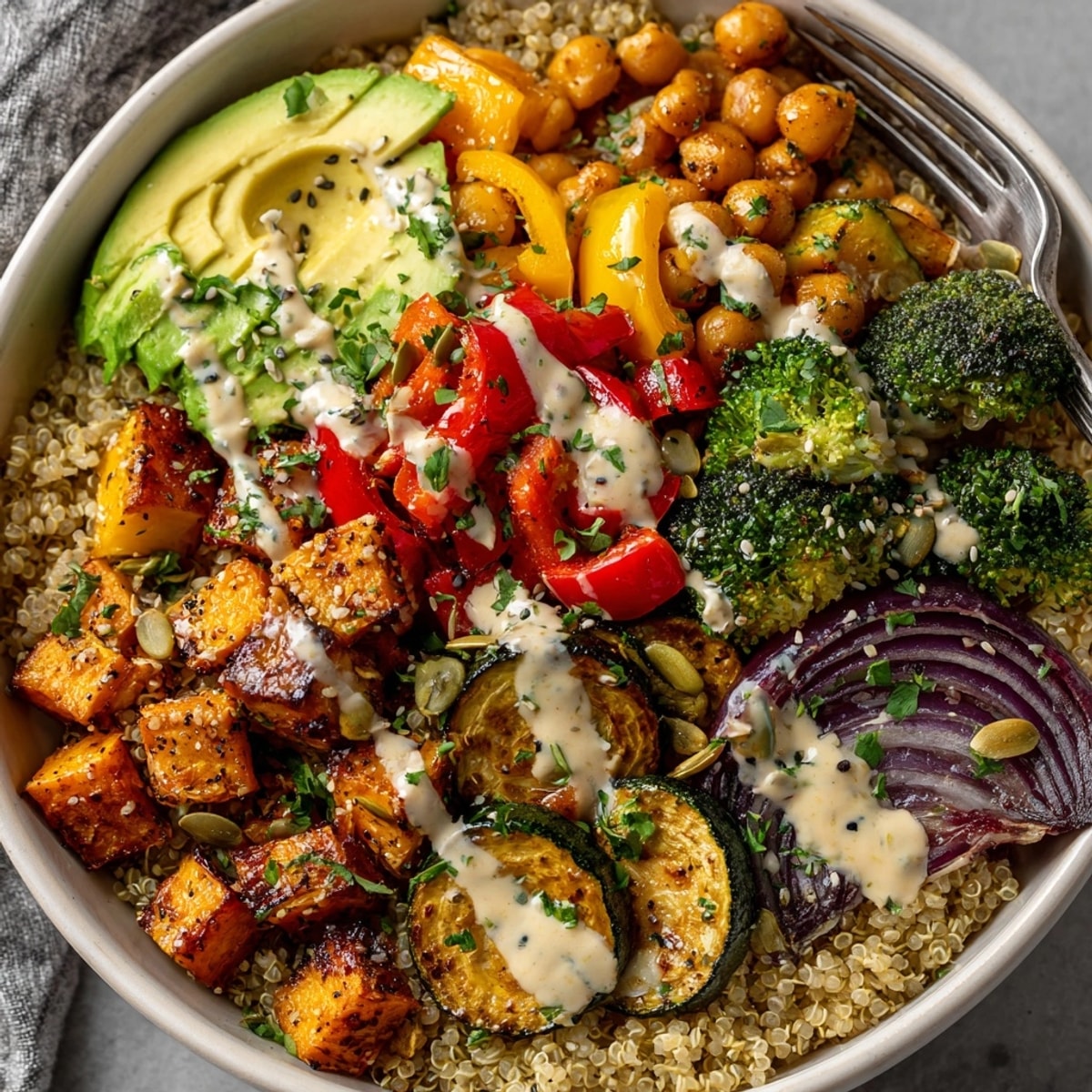 Vibrant Roasted Vegetable Buddha Bowls featuring colorful roasted veggies, perfect for a healthy vegan meal.