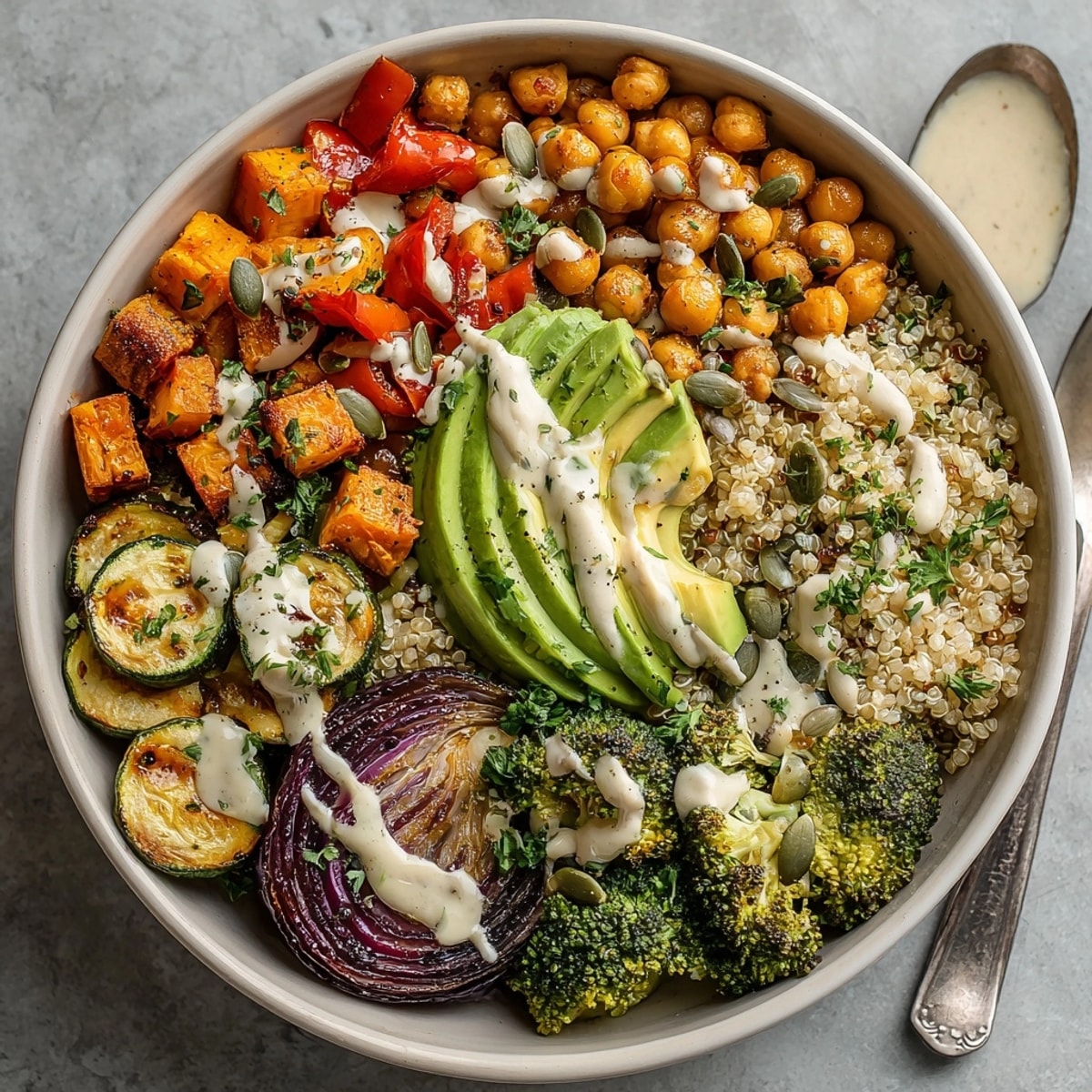 Close-up look at a delicious Roasted Vegetable Buddha Bowls creation, overflowing with fresh, flavorful ingredients.