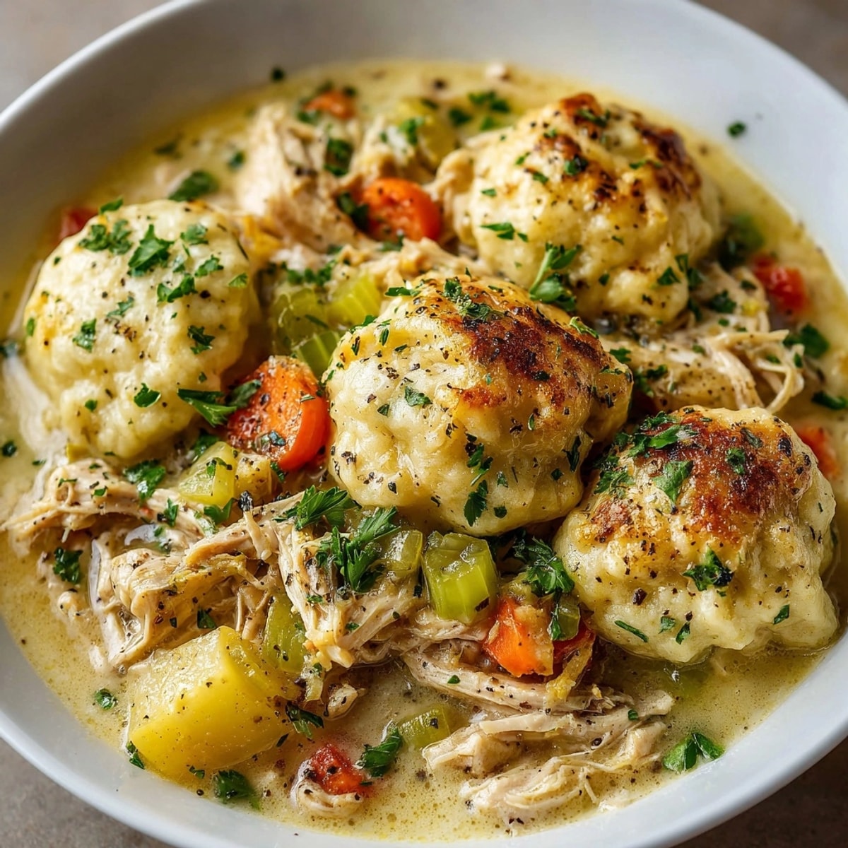 Creamy slow cooker chicken and dumplings, brimming with tender chicken and fluffy, golden dumplings.