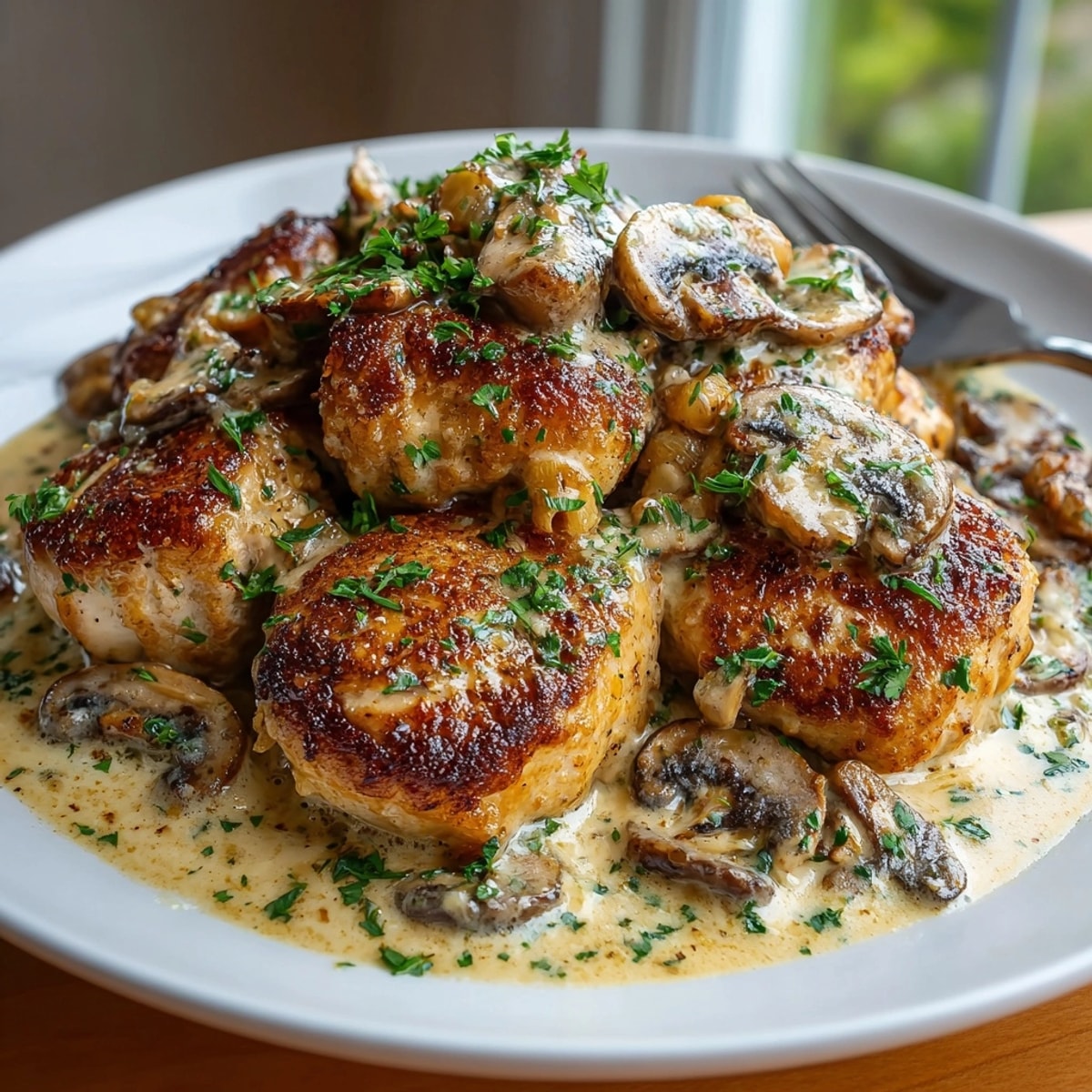 Golden-brown Creamy Mushroom Chicken Bake, swimming in a rich sauce with fresh parsley, ready to serve.