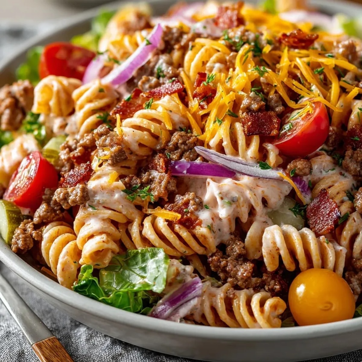 A close-up of Bacon Cheeseburger Pasta Salad, creamy, hearty, and loaded with classic burger flavors.