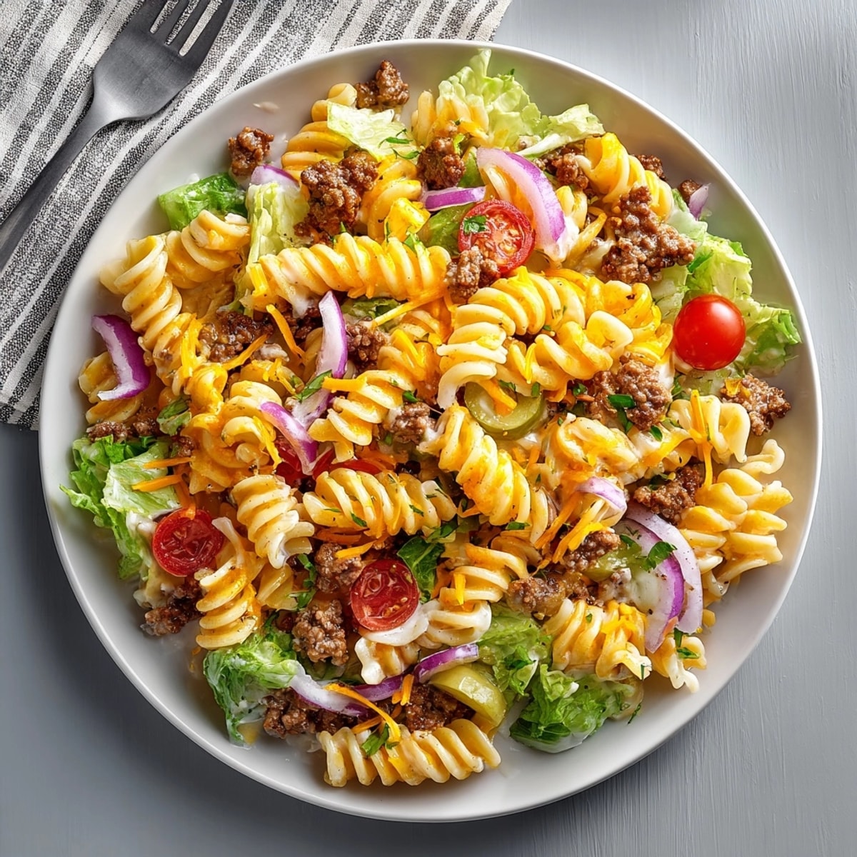 Enjoy a vibrant bowl of Bacon Cheeseburger Pasta Salad featuring fresh veggies and a tangy dressing.
