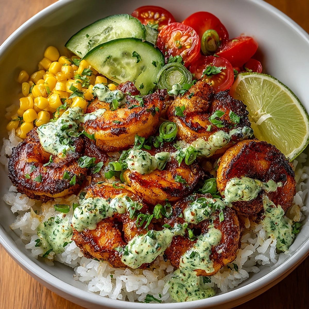 Spicy Cajun Shrimp Rice Bowl with Avocado Lime Crema topped with vibrant fresh vegetables and lime wedges.