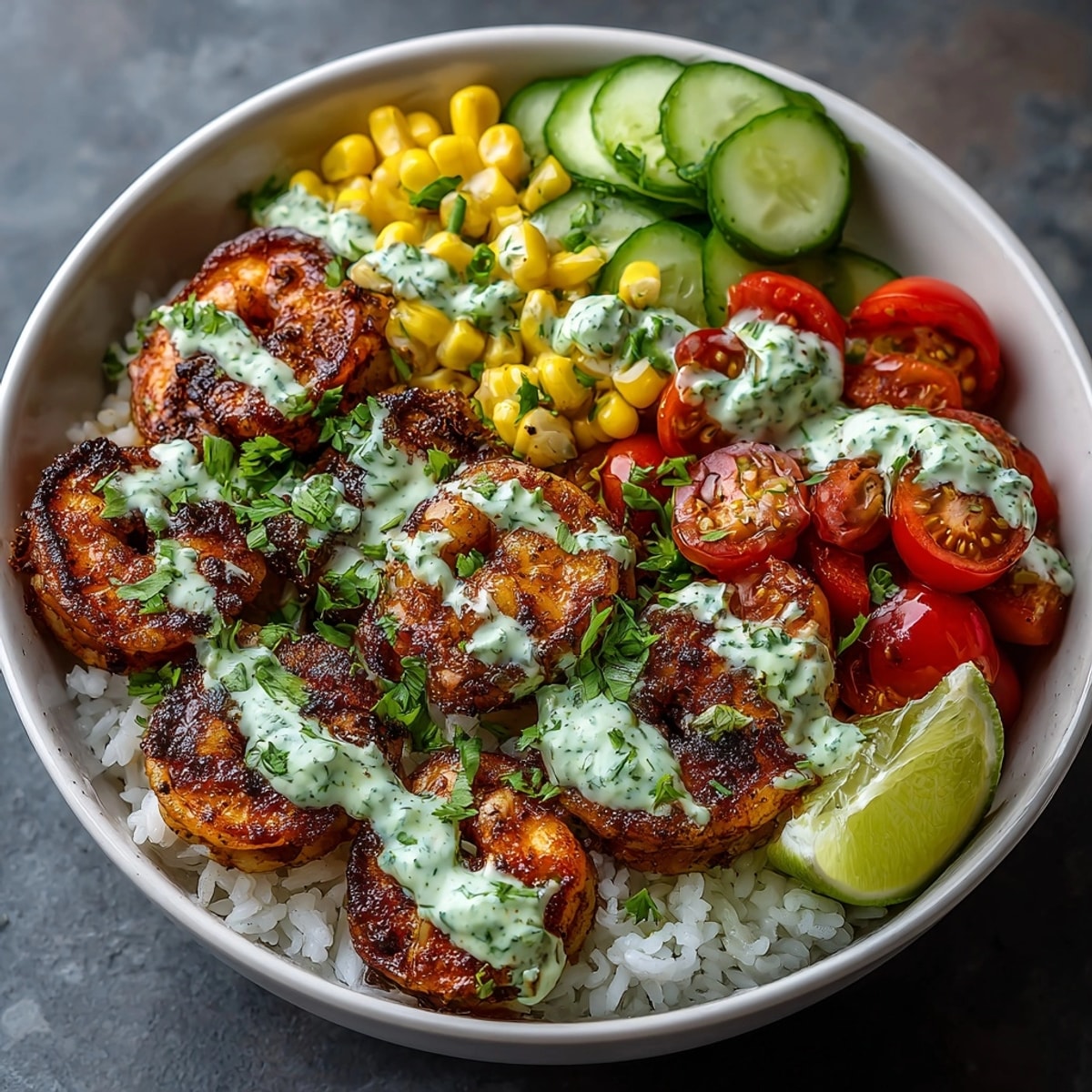 Sizzling Cajun shrimp nestled on fluffy rice, finished with creamy avocado lime crema drizzle.