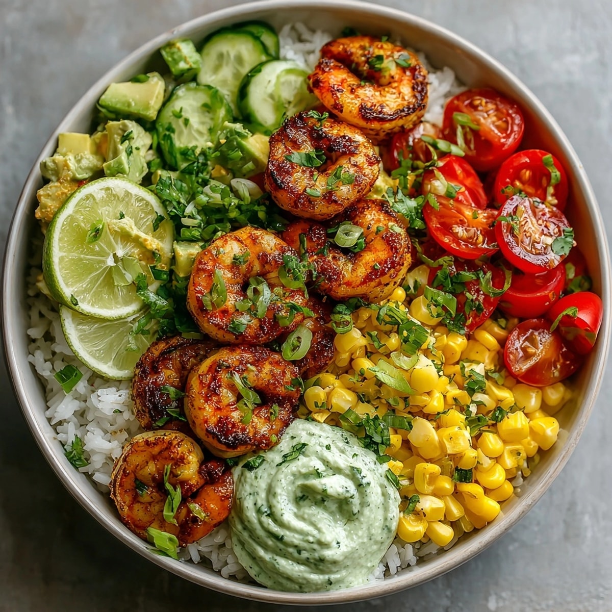 Spicy Cajun Shrimp Rice Bowl served with avocado lime crema and crisp, colorful vegetable medley.
