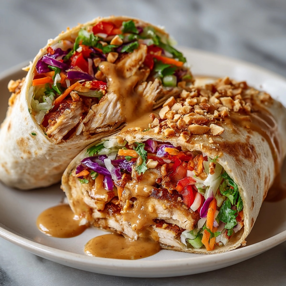 Thai Peanut Chicken Wraps with Crunchy Vegetables served with lime wedges on a rustic plate