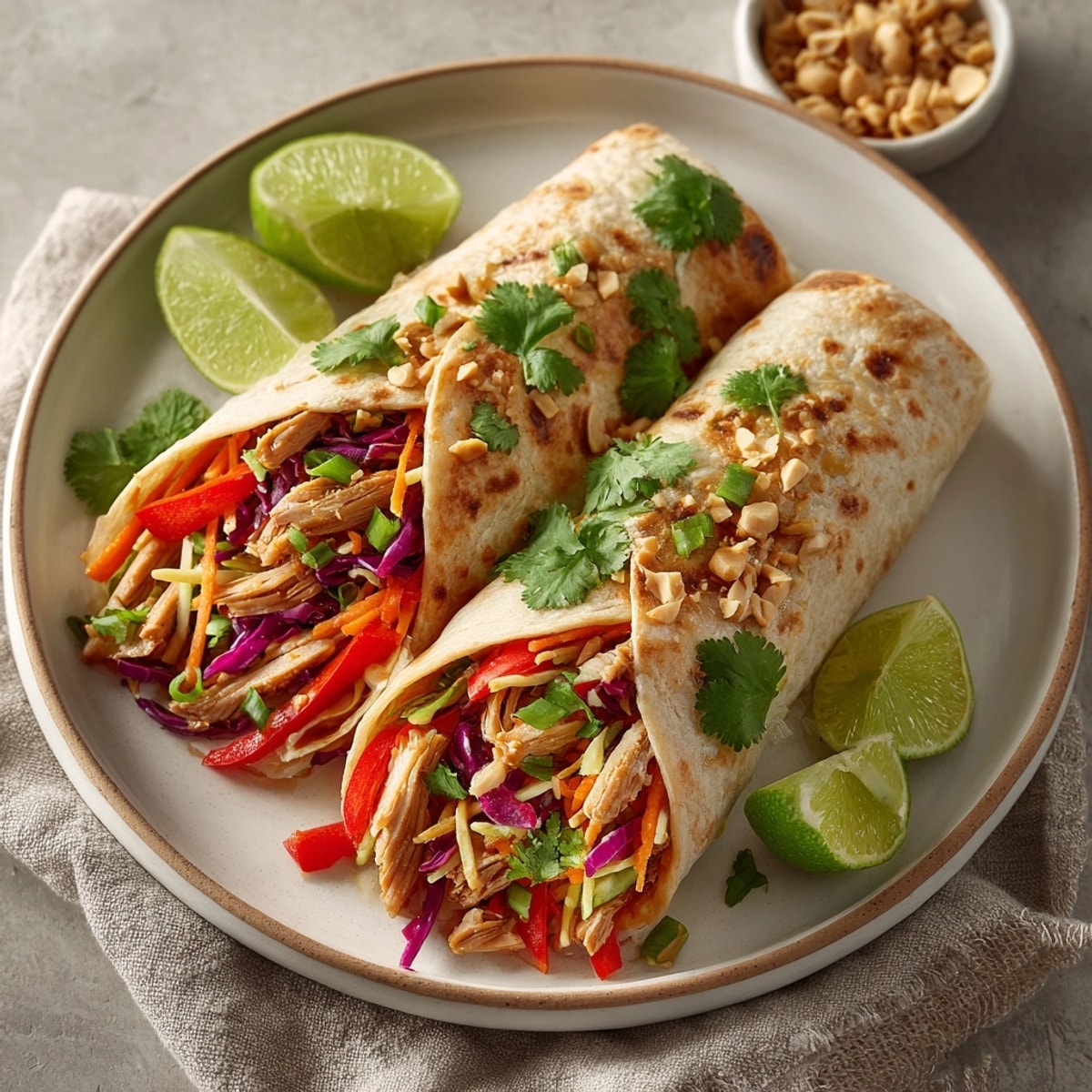 Freshly assembled Thai Peanut Chicken Wraps bursting with crisp veggies and garnished with cilantro