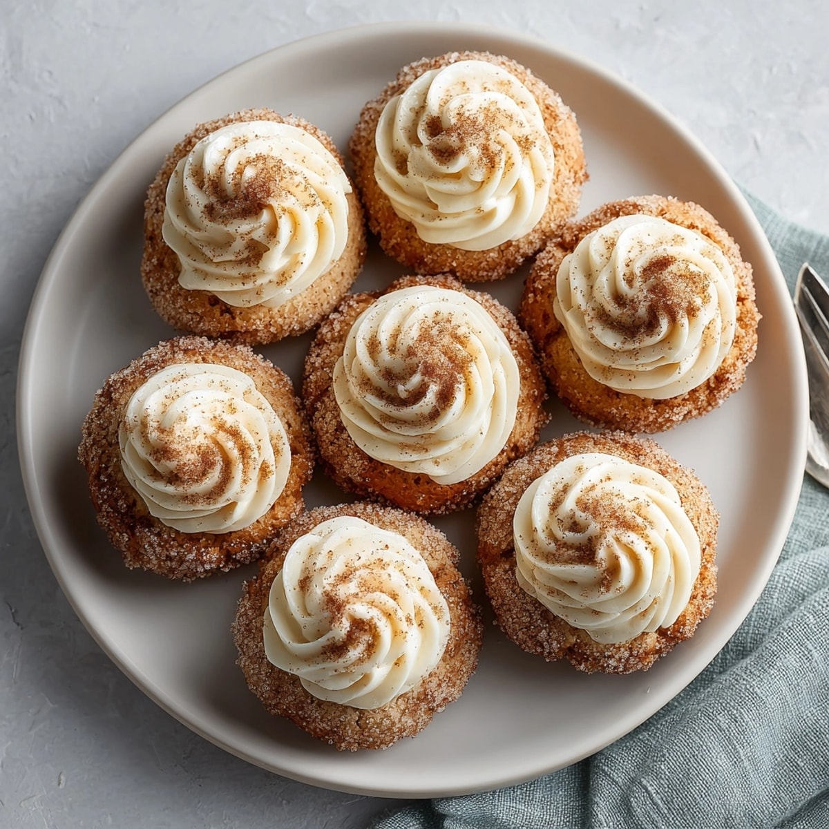 A plate of cinnamon sugar cloud cookies with cream cheese frosting, soft and ready to serve.