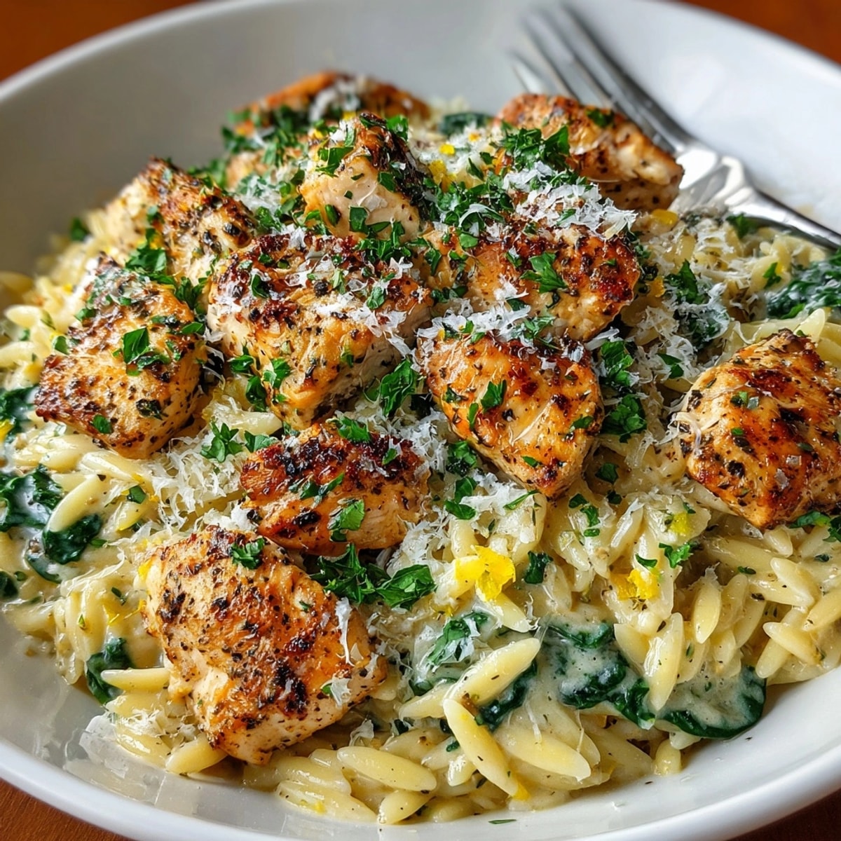 Creamy one-pan garlic Alfredo orzo chicken skillet with golden bites, fresh parsley garnish.