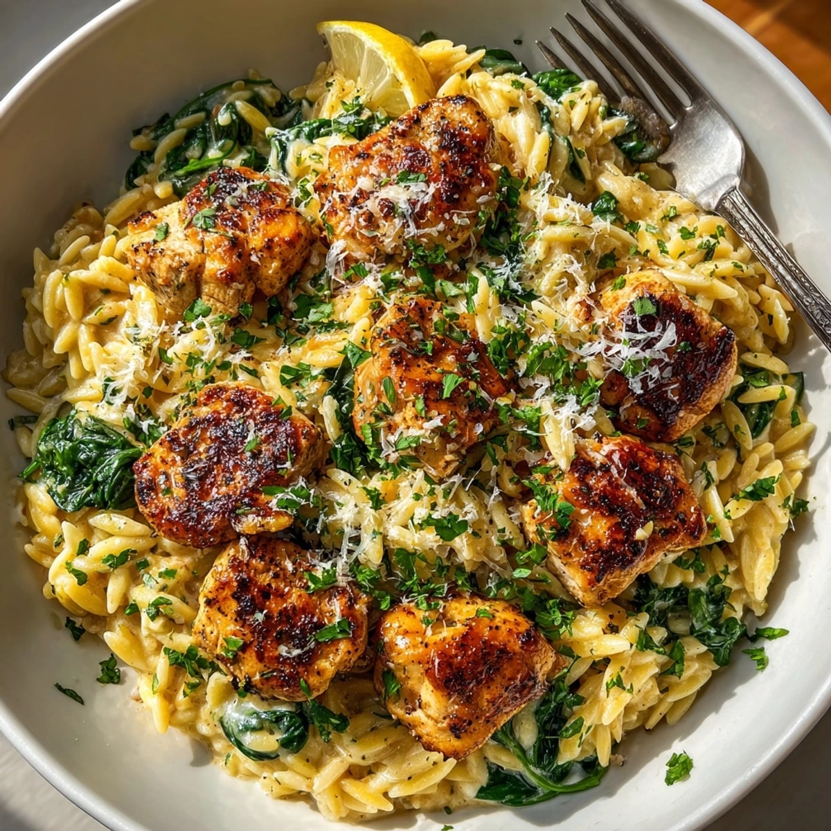 One-pan garlic Alfredo orzo chicken skillet bubbling in a creamy sauce, served hot for dinner.