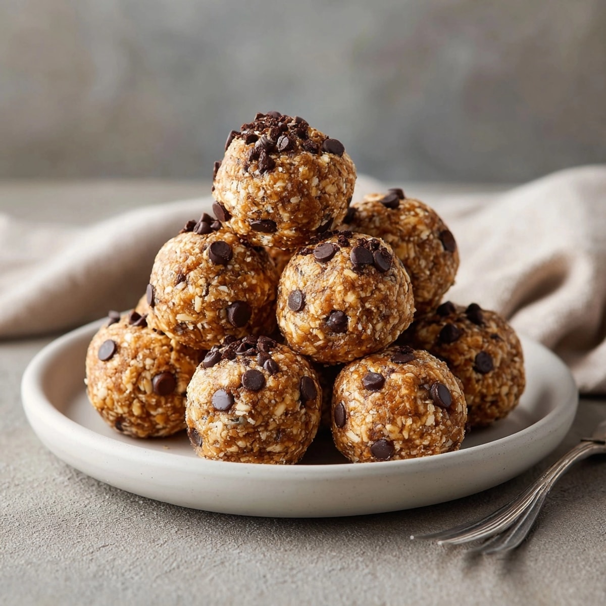 Close-up of protein-packed peanut butter chocolate energy balls showing creamy texture and chocolate chips.