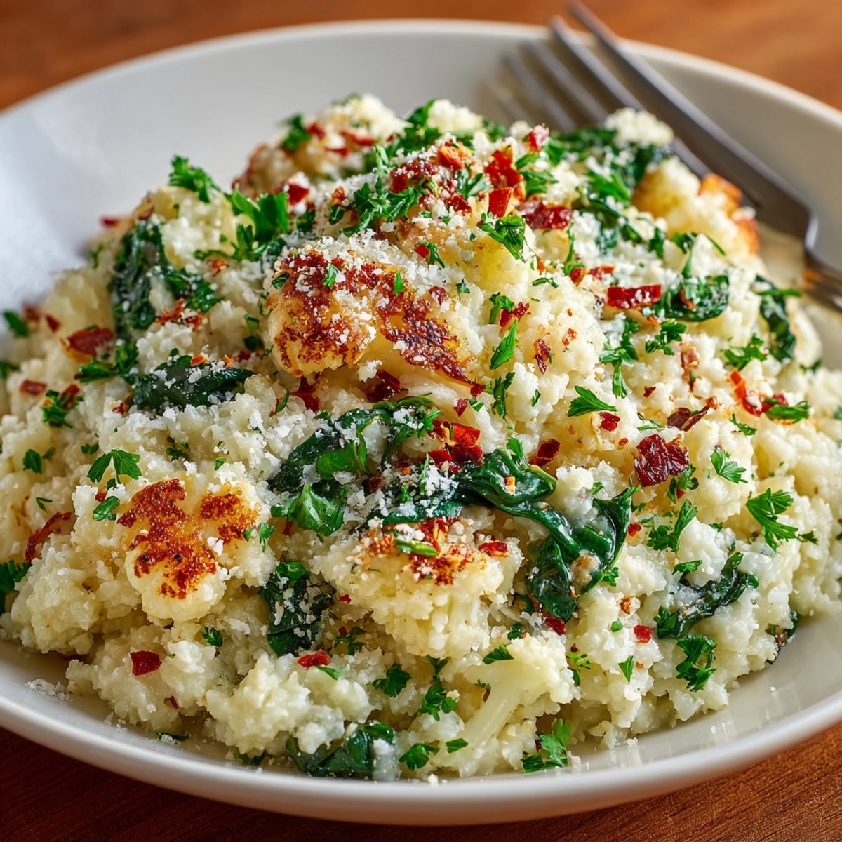 Creamy Garlic Parmesan Cauliflower Risotto in a skillet, topped with fresh parsley garnish.