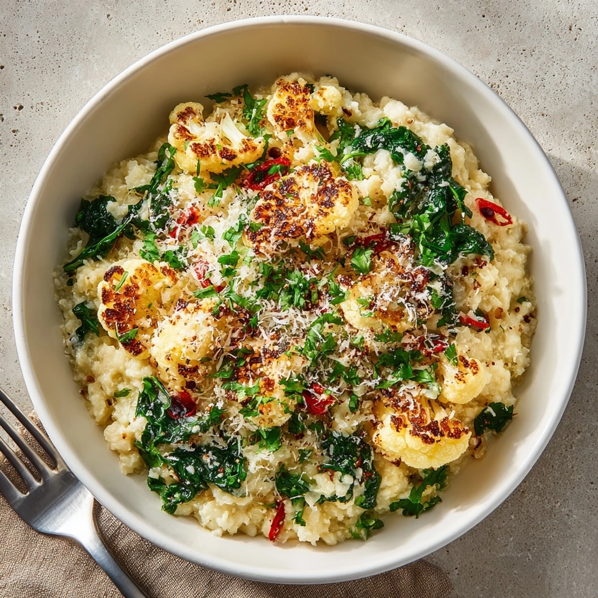 Closeup of rich Garlic Parmesan Cauliflower Risotto, featuring tender florets and golden Parmesan dust.