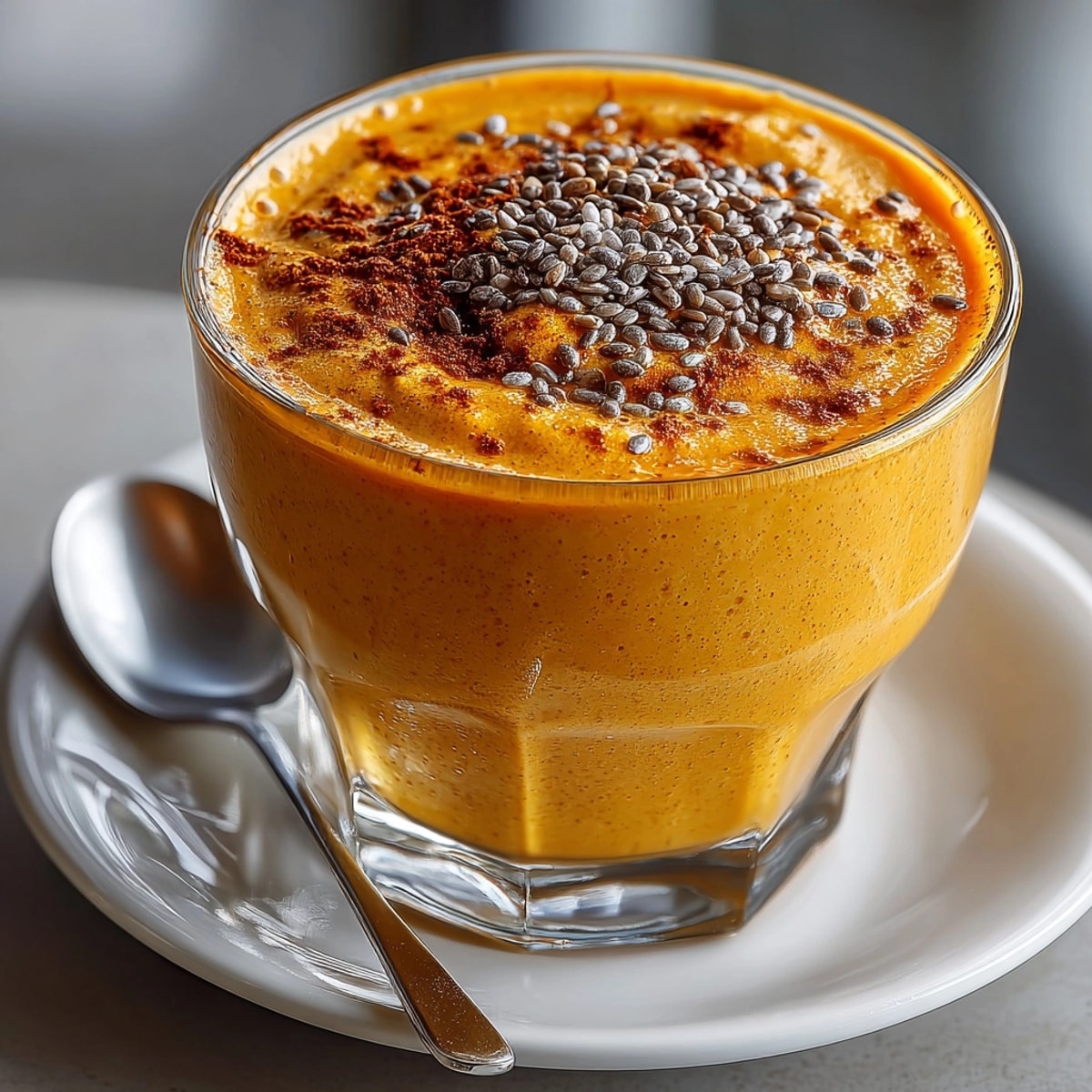 Protein-Packed Pumpkin Spice Smoothie served in a tall glass, creamy and vibrant for breakfast.