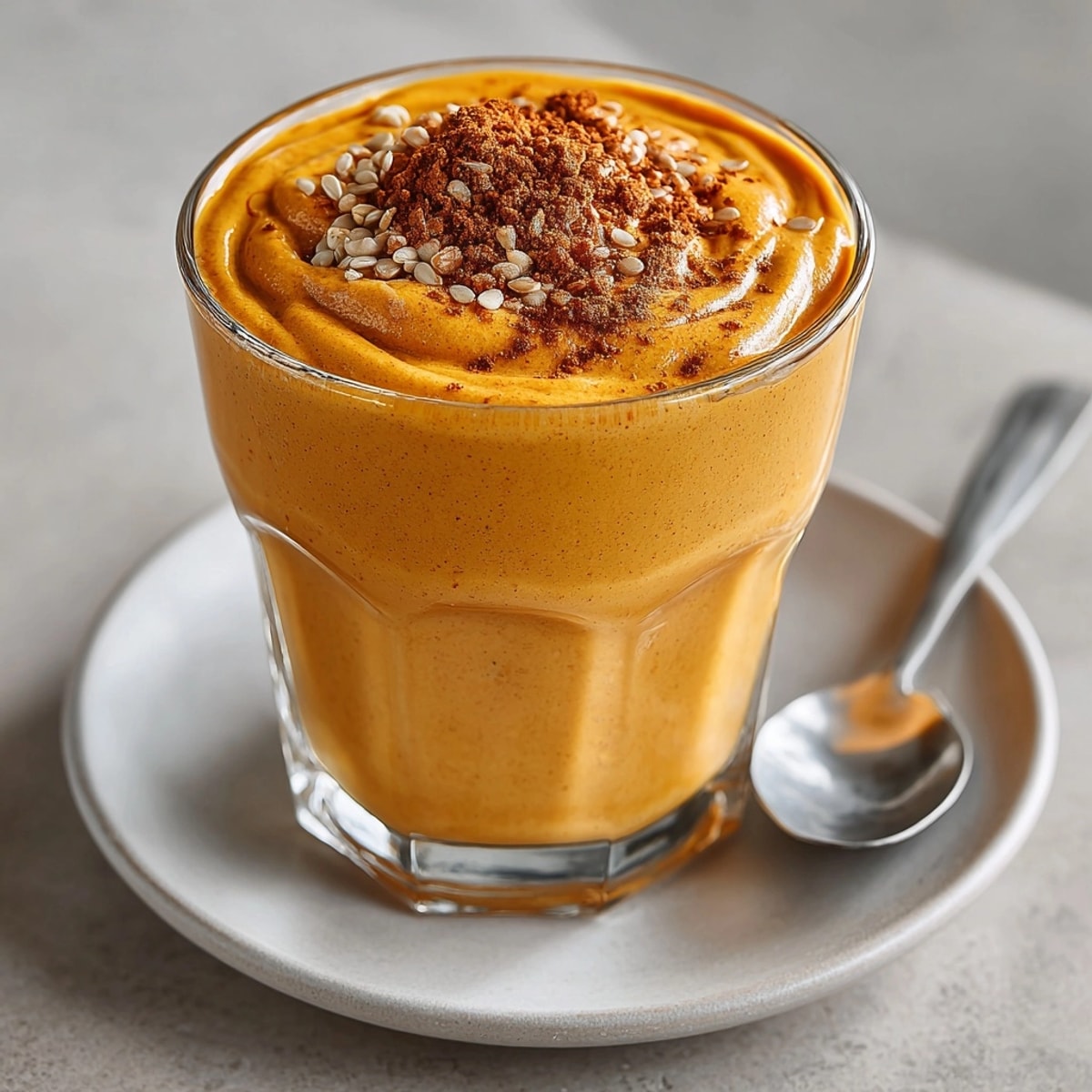 Chilled Protein-Packed Pumpkin Spice Smoothie with cinnamon garnish, ideal as a nutritious fall snack.