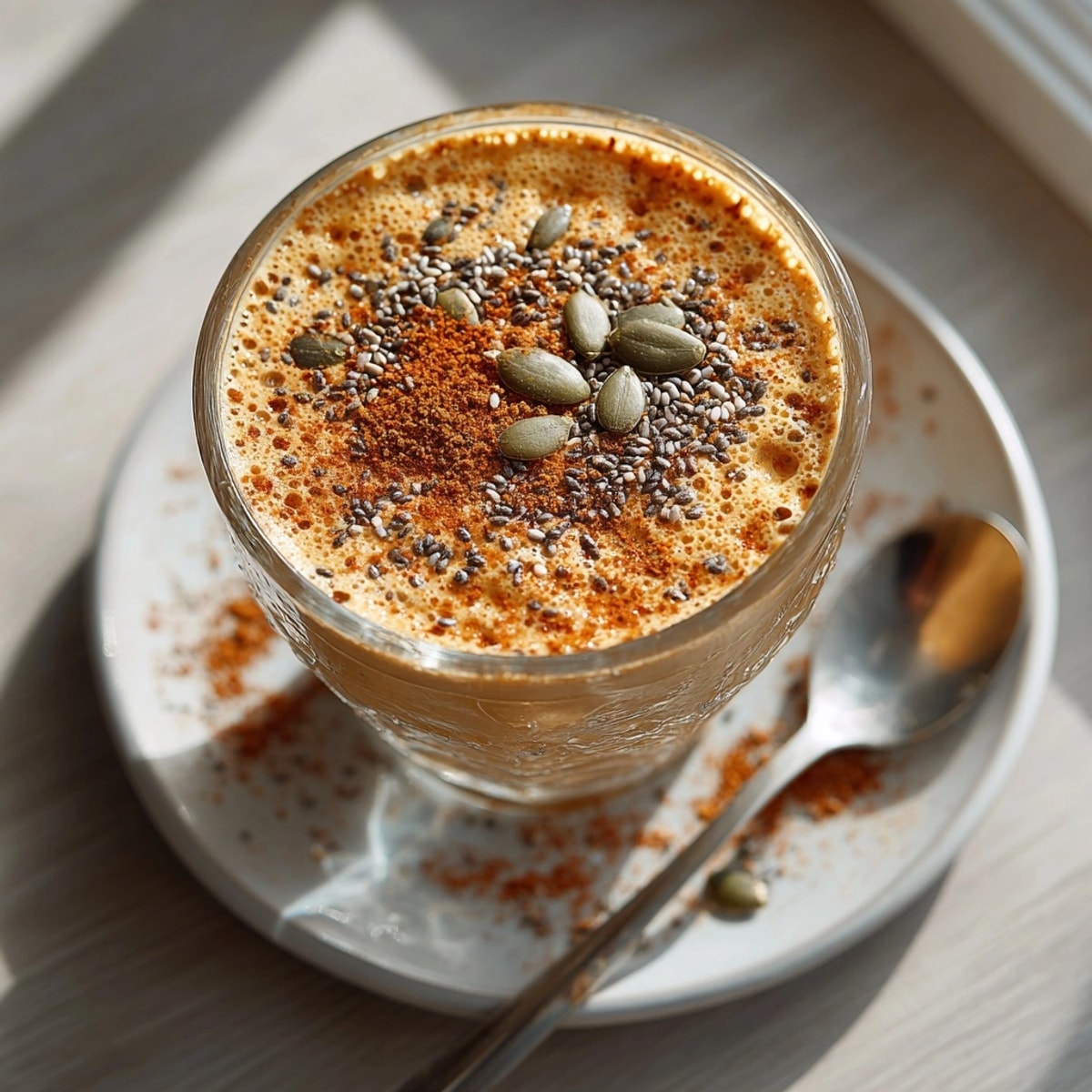 Thick Protein-Packed Pumpkin Spice Smoothie blending pumpkin, spices, and protein, perfect for post-workout refreshment.