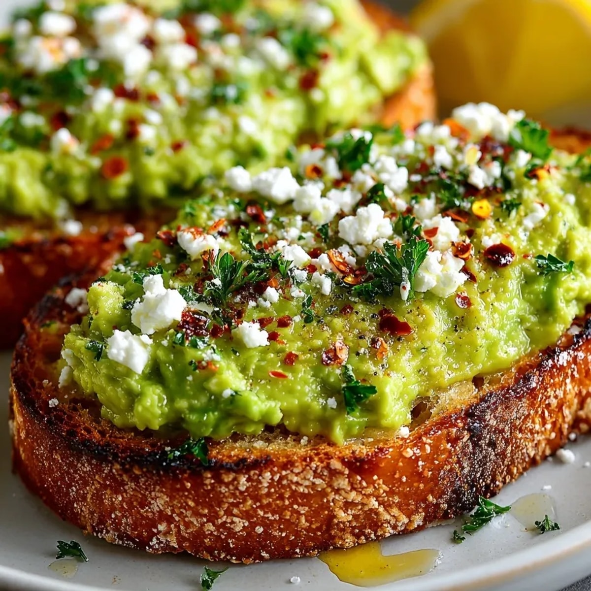 Avocado Feta Toast with Chili Flakes on golden sourdough, topped with fresh herbs.