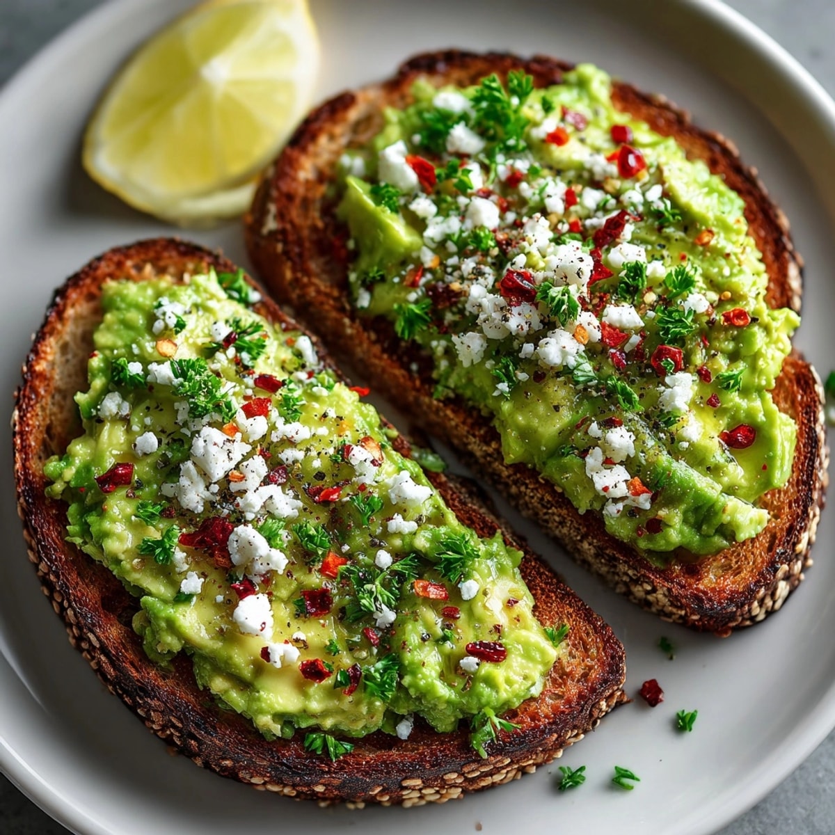 Creamy Avocado Feta Toast with Chili Flakes, served open-faced for a bold breakfast.