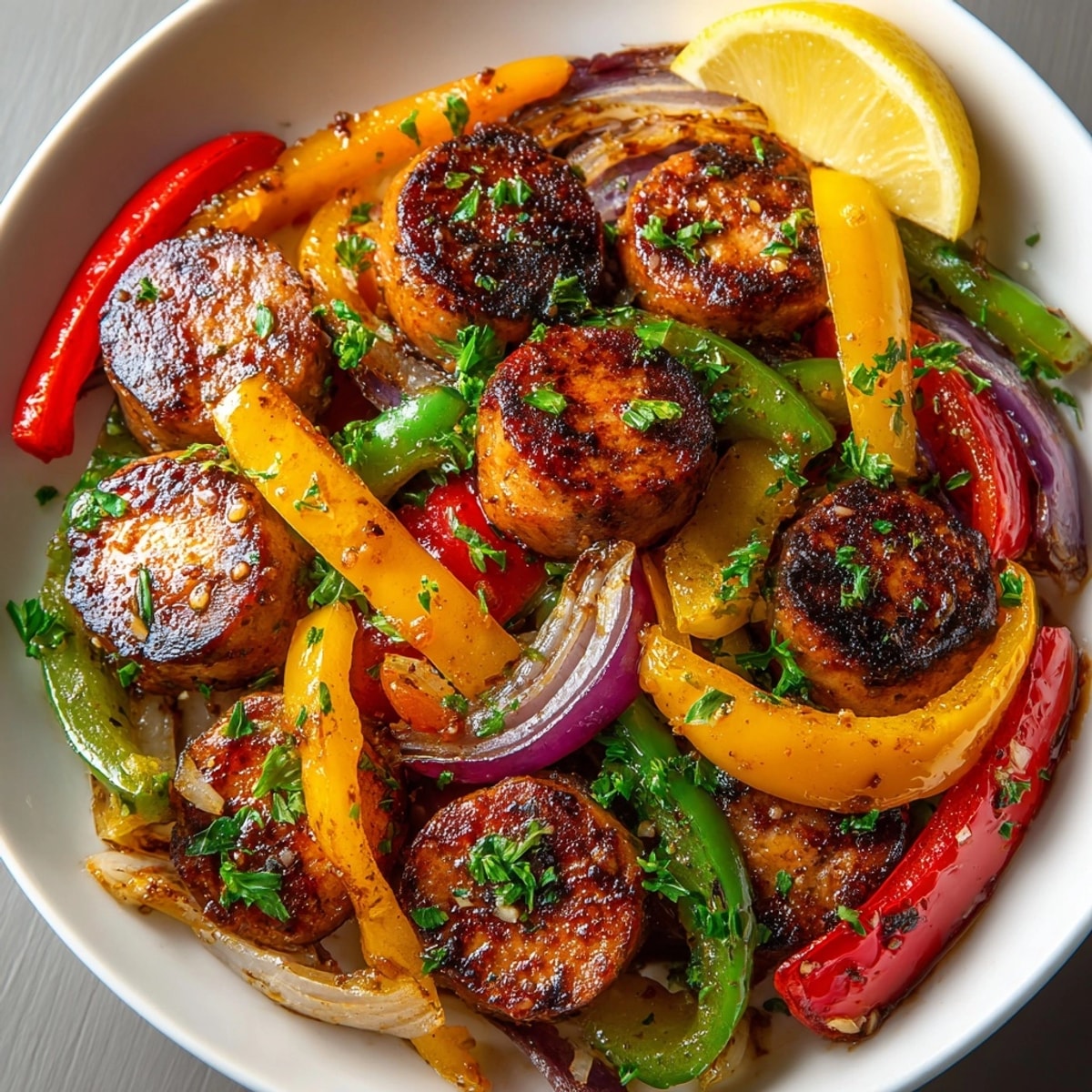 Cajun Sausage and Peppers Skillet sizzling in a cast iron pan with colorful veggies.