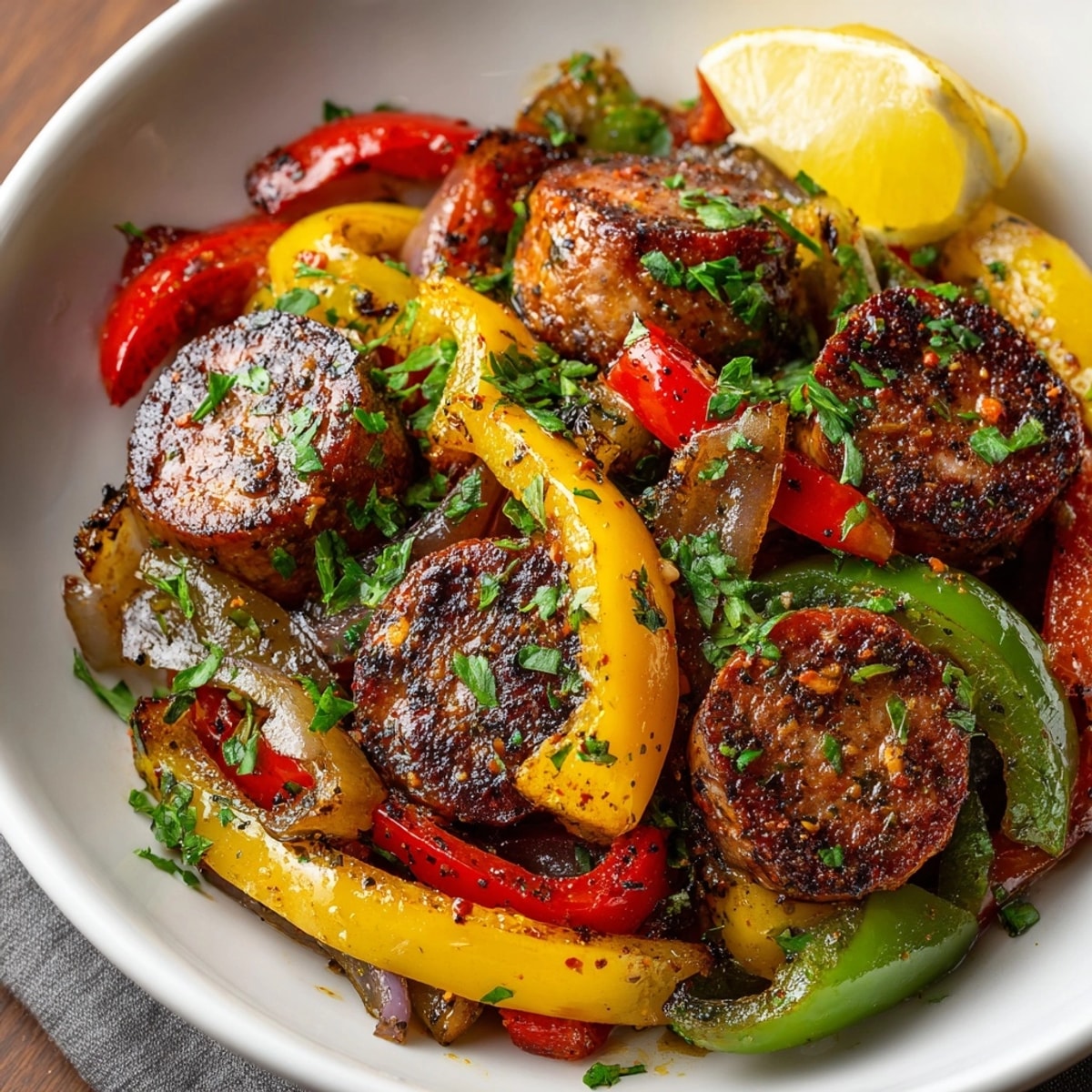 Freshly cooked Cajun Sausage and Peppers Skillet garnished with parsley, ready to serve hot.