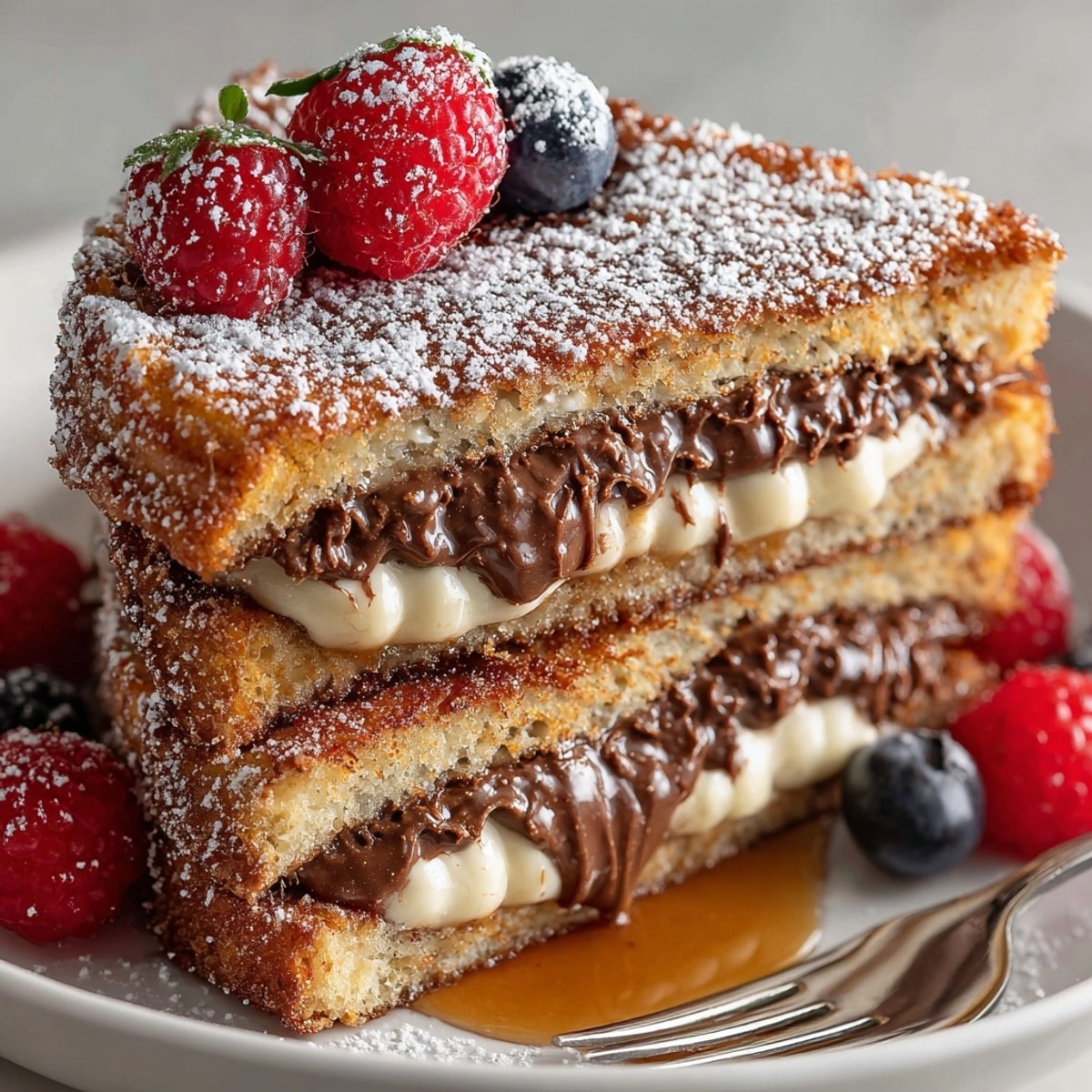 Chocolate Peanut Butter French Toast stacked on a plate, dusted with powdered sugar and fresh berries.