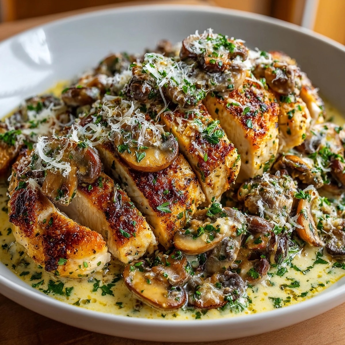 Creamy Garlic Mushroom Chicken Skillet served hot in a pan, topped with fresh parsley and sauce.
